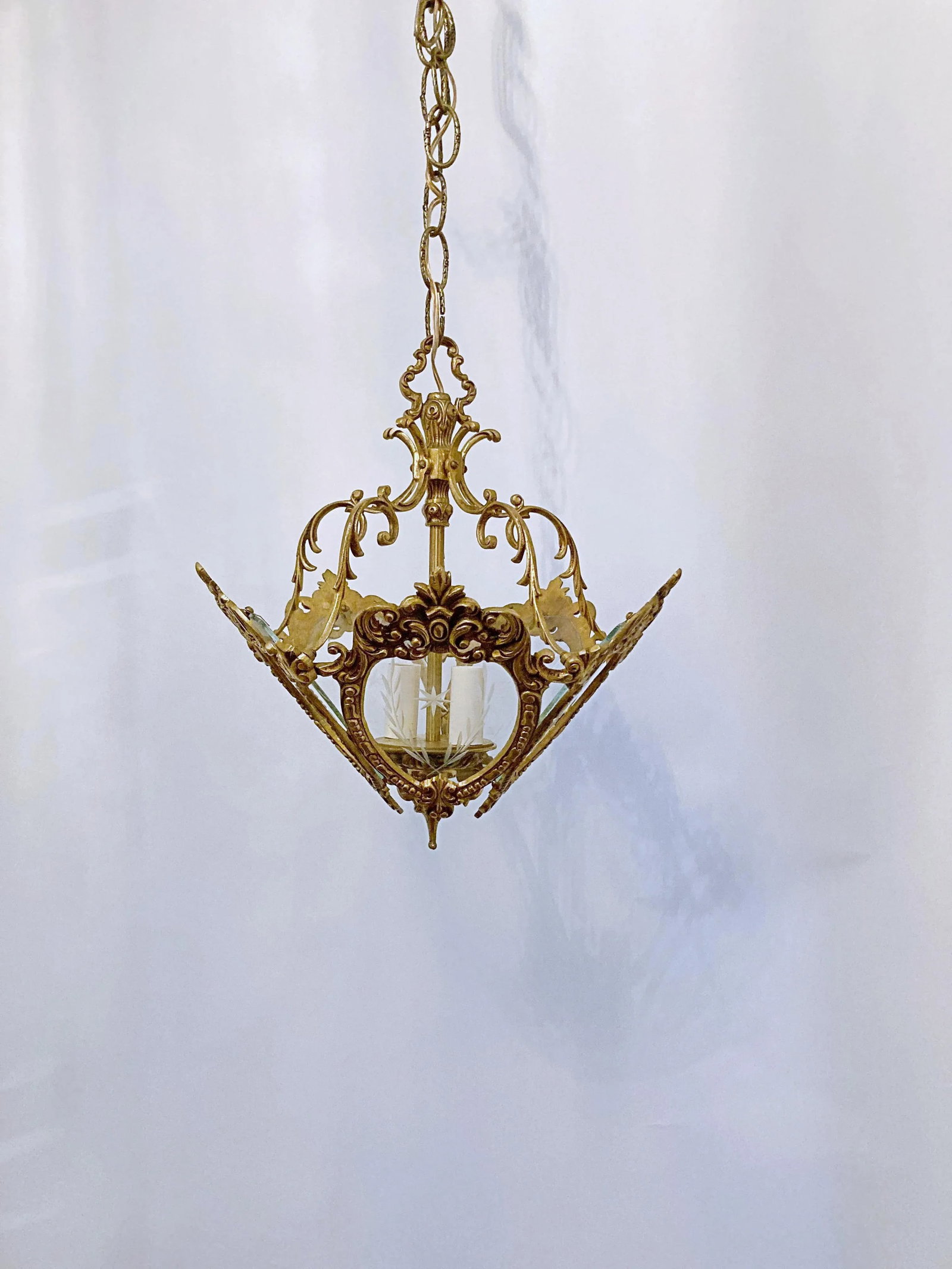 1930s Vintage Bronze Lantern With Etched Glass Panels - 8