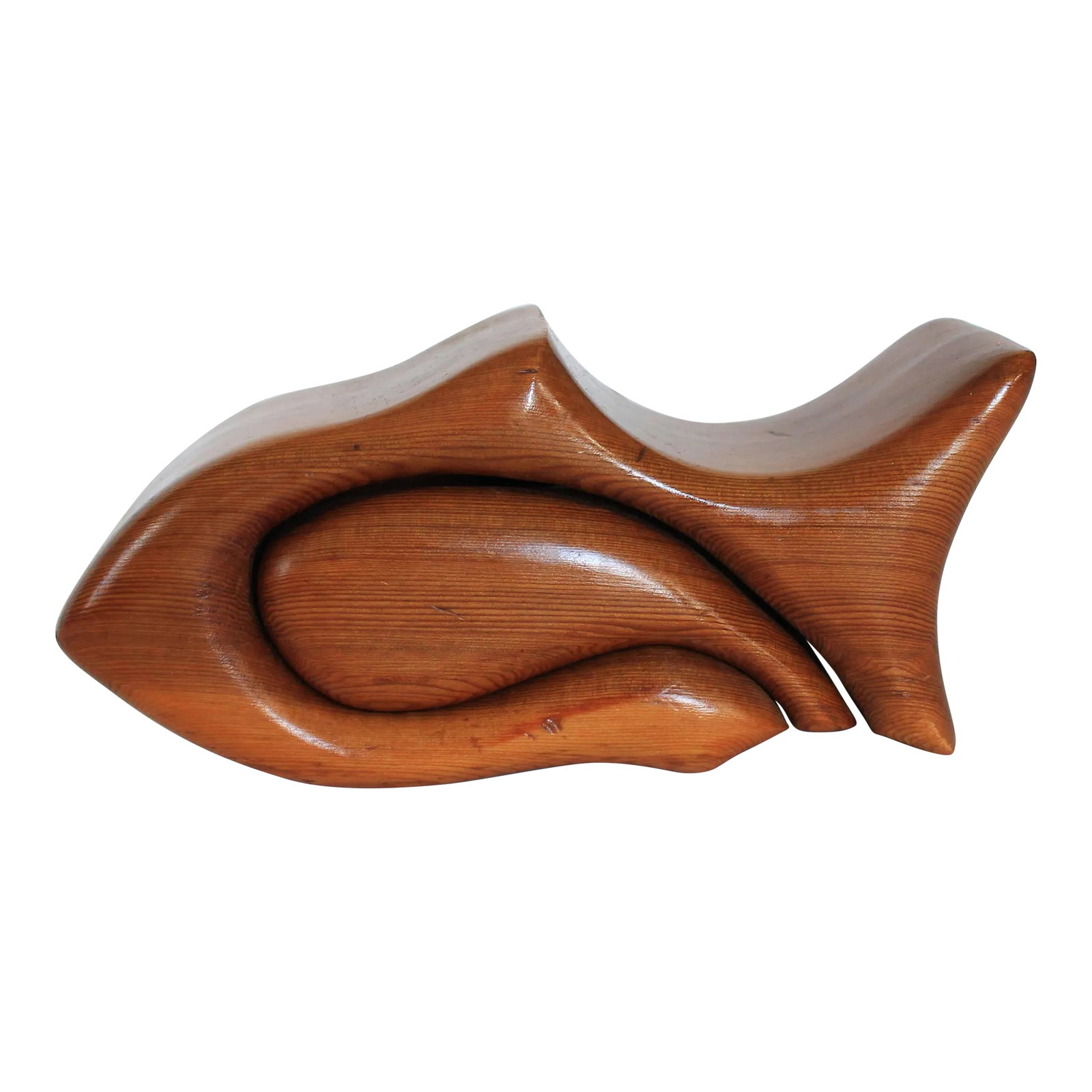 Carved Redwood Fish Puzzle Box: Vintage hand carved redwood fish puzzle box. Minor age wear. Condition: Alterations: Original Condition Unaltered Imperfections: Some Imperfections Condition Notes: Minor wear. Materials &