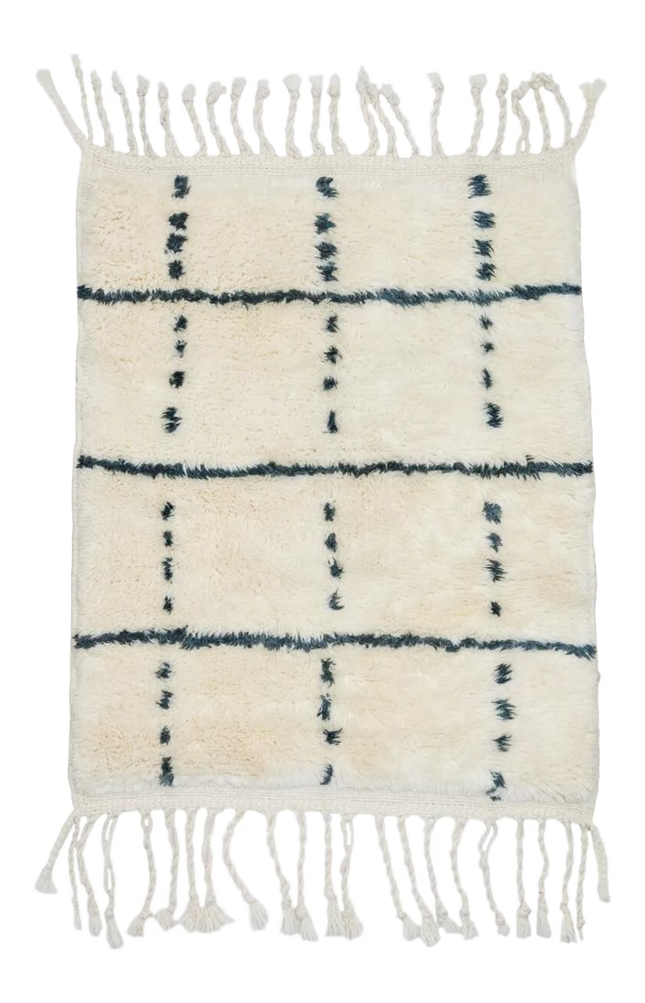 Ivory With Dark Slate Gray Grid Beni Mini Moroccan Wool Rug - 2x3 Ft: Beni Minis are here! All of the incredible hand-knotted craftsmanship of our regular sized Beni Ourain Moroccan rugs - but in a mini version! Perfect for layering or for some first steps of softness