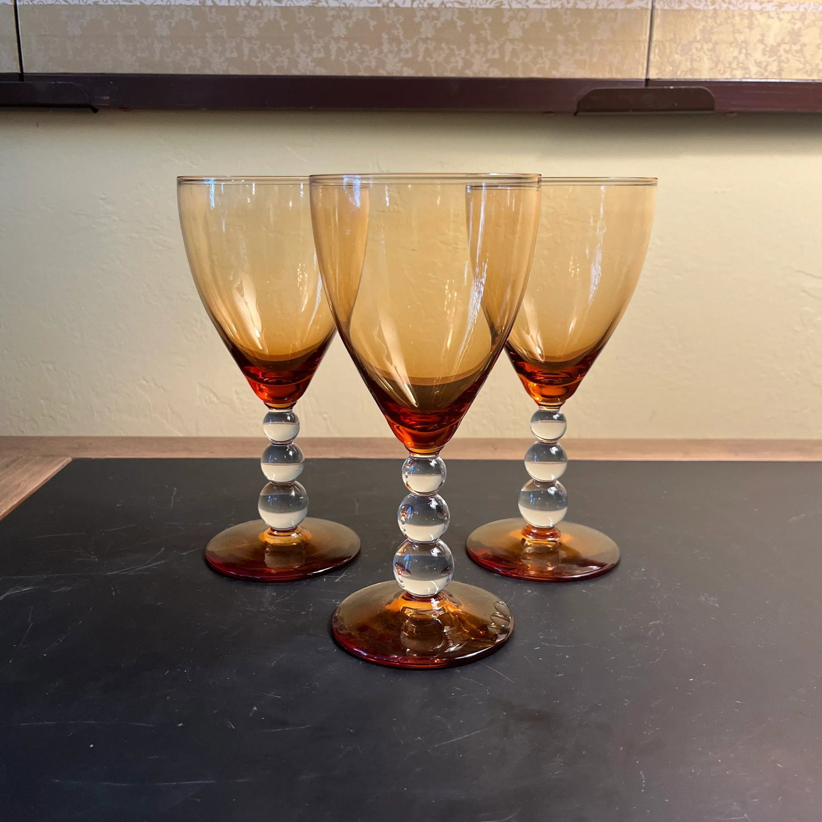 Amber Glass Goblets With Bubble Stem- Set of 3 - 7