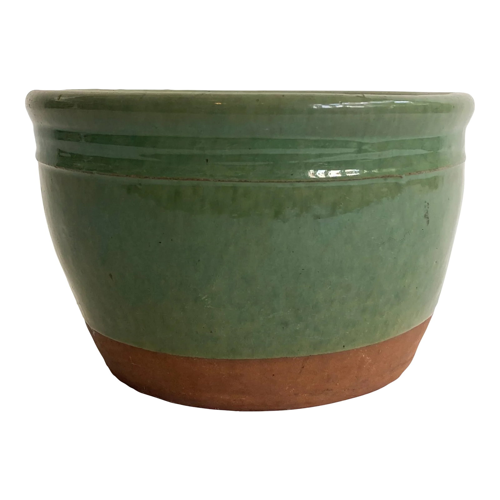 1930s Vintage Celadon-Glazed Terracotta Planter/Vase: Rare vintage Celadon-glazed terracotta planter with artist markings on bottom. Two 3" cracks in planter (details of cracks shown in photos) Cracks are on glazed surface as well as surface of terracott