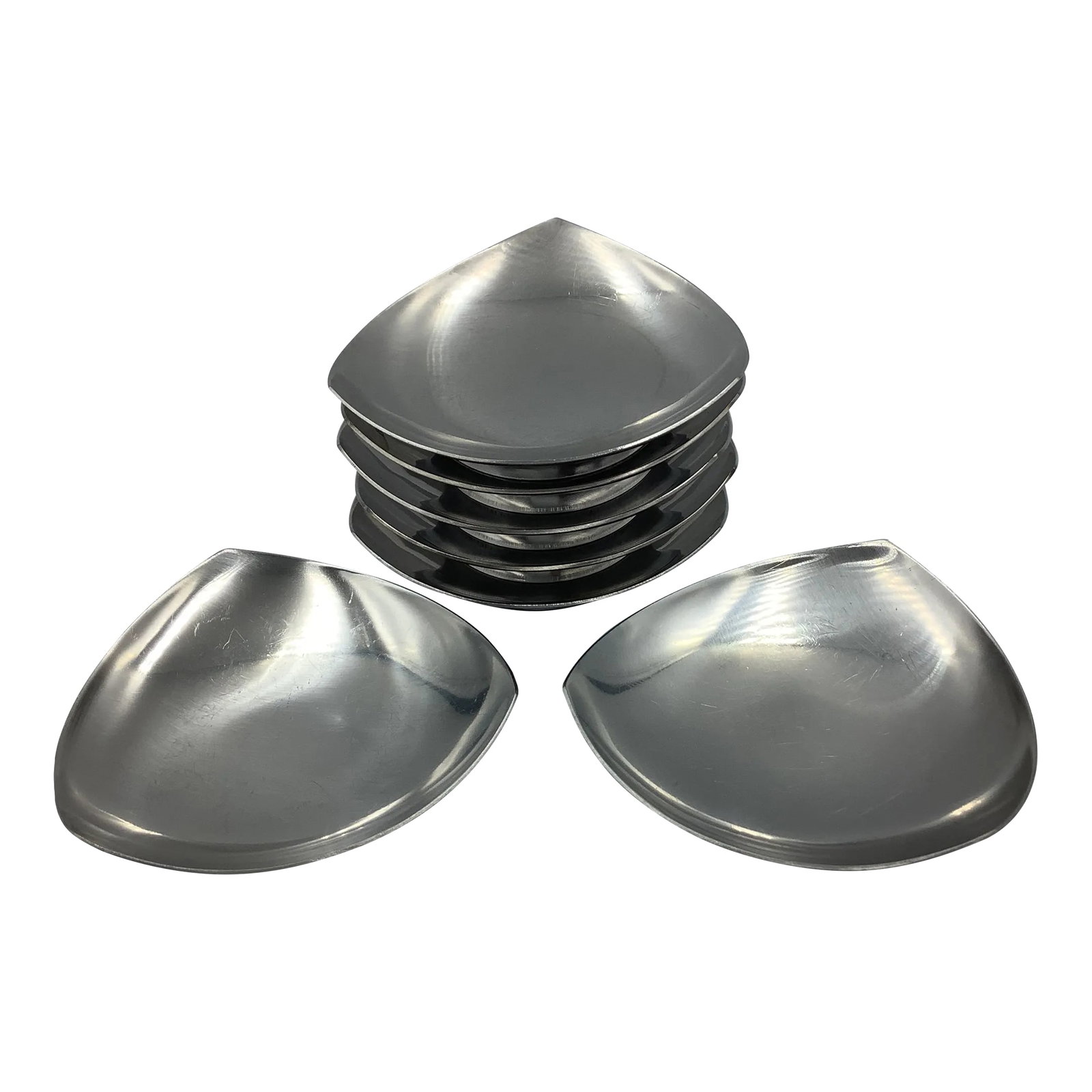 Mid Century Danish Stainless Triangle Footed Butter Pats Bowls - Set of 8: Set of 8 stainless butter pats or cocktail bowls marked Denmark. 8 Mid Century Danish Stainless Triangle Footed Butter Pats Bowls minor wear from stacking I assume. They can be used as butter