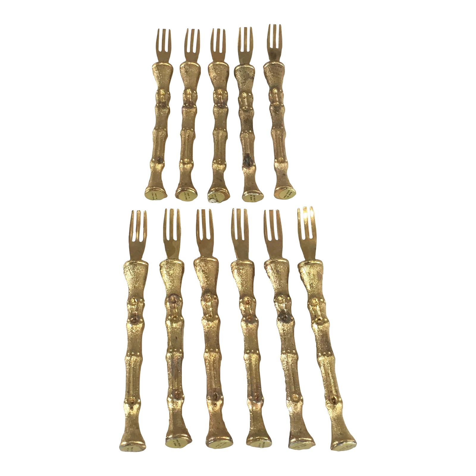 Vintage HorsD'oeuvers Brass Forks- Set of 12: Vintage set of 12 brass HorsD'oeuvers set, ready for your next friends gathering. Made in Hong Kong. My first photo shows 11 forks, yes I found the other one, now a set of 12! Condition: Alterations: