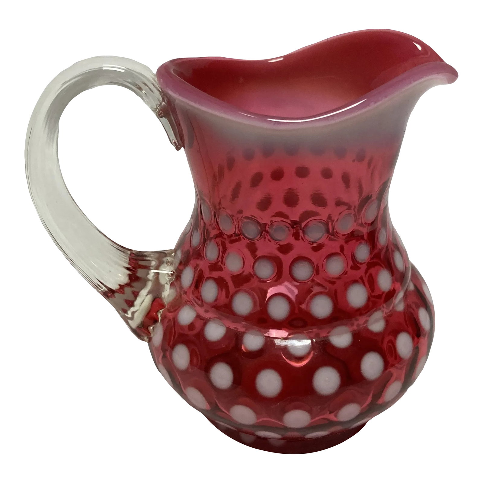 Early 20th Century Vintage Fenton Cranberry Polka Dot Creamer: Vintage early 20th century Fenton cranberry polka dot design creamer. Size is about 4" tall by 4.5 wide. Condition: Alterations: Original Condition Unaltered Imperfections: Some Imperfections