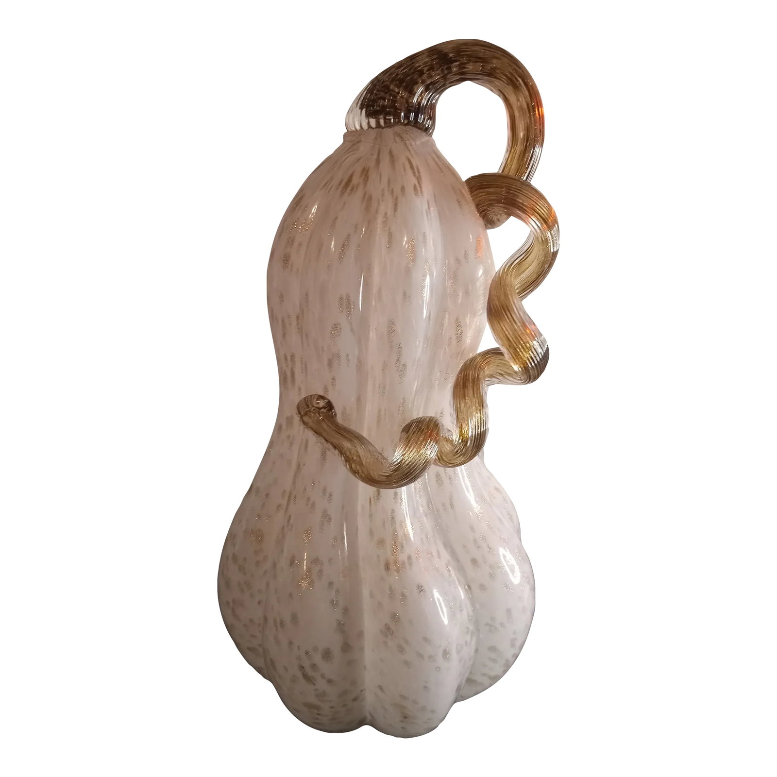 Gold Aventurine Art Glass Pumpkin Lamp: This is a STUNNING Gold Aventurine Art Glass 14" Pumpkin Lamp. Works with 3AAA batteries Procured at auction Great Halloween Decor Condition: Alterations: Original Condition Unaltered Imperfections: S