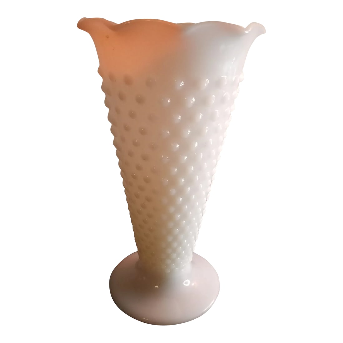 1980s Anchor Hocking Milk Glass Hobnail Ruffled Vase: This is an Anchor Hocking Milk Glass Hobnail 9" Ruffled Vase Procured at auction BOX 3 Condition: Alterations: Original Condition Unaltered Imperfections: Some Imperfections Condition Notes: No chips