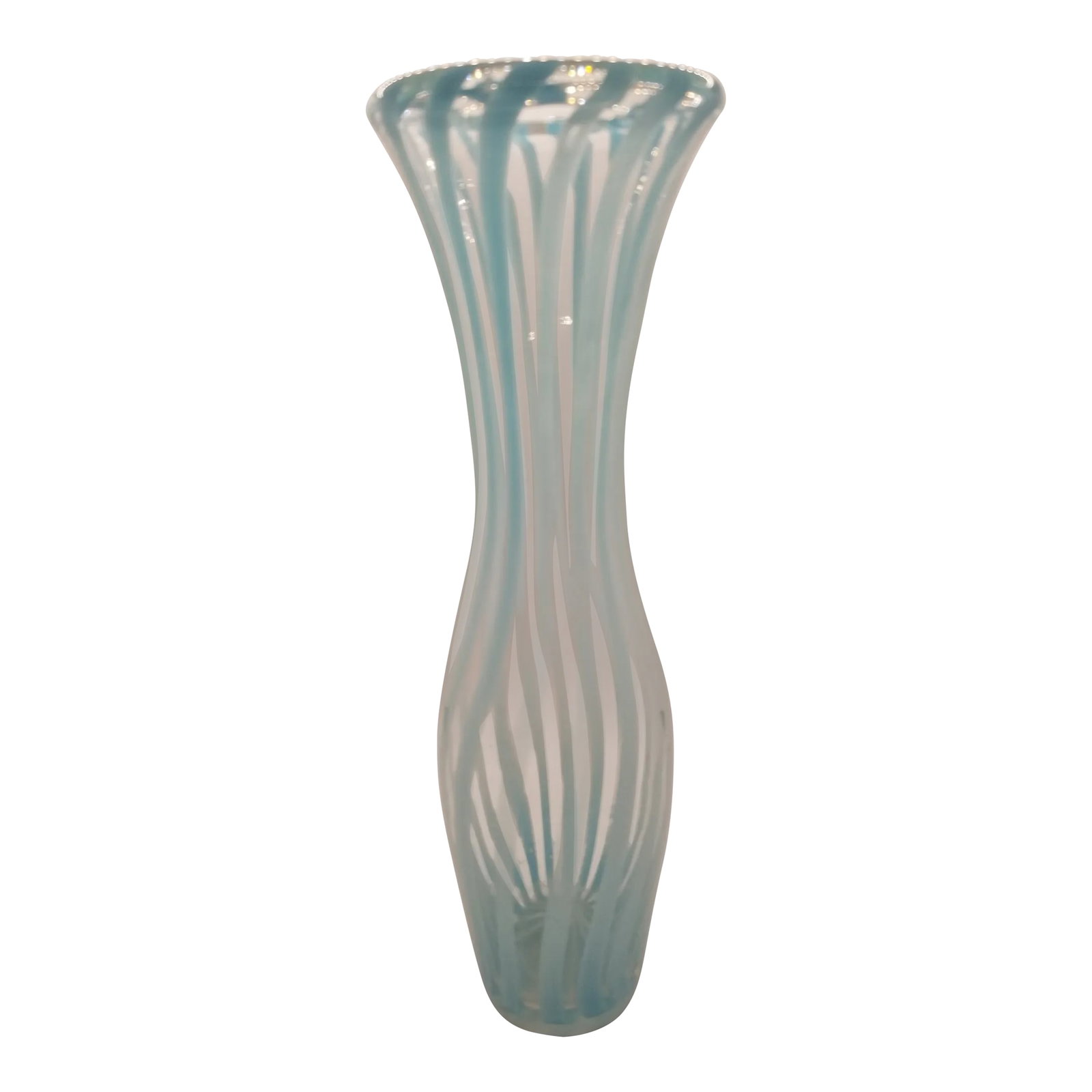 Vintage Artisan Baby Blue Striped Lipped Glass Blown Vase: Beautiful statement artisan vintage baby blue glass Striped vase freshens living spaces Condition: Alterations: Original Condition Unaltered Imperfections: Some Imperfections Condition Notes: Age,