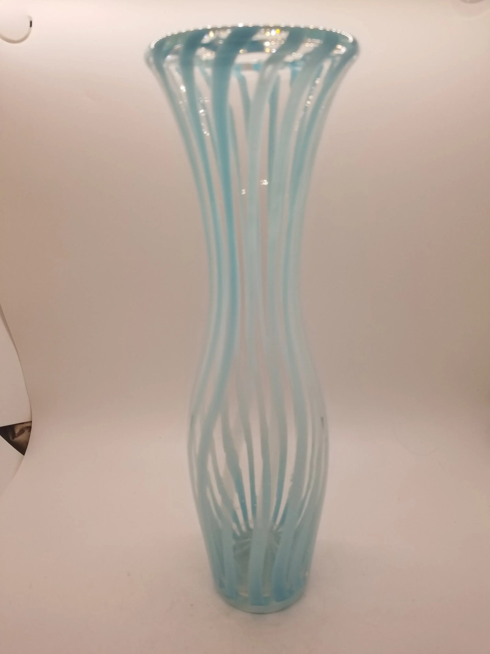 Vintage Artisan Baby Blue Striped Lipped Glass Blown Vase - 3