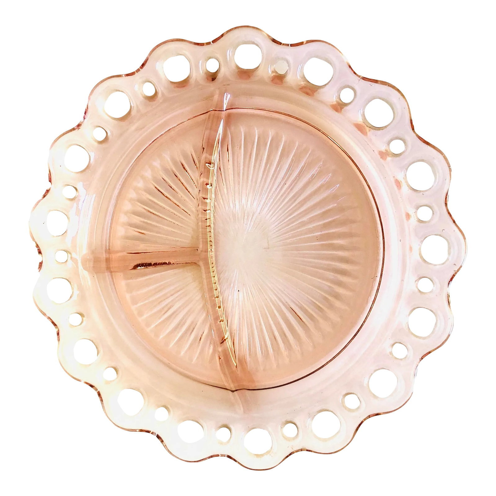 Vintage Pink Depression Glass Divided Lace Edge Plate (1 of 6)
