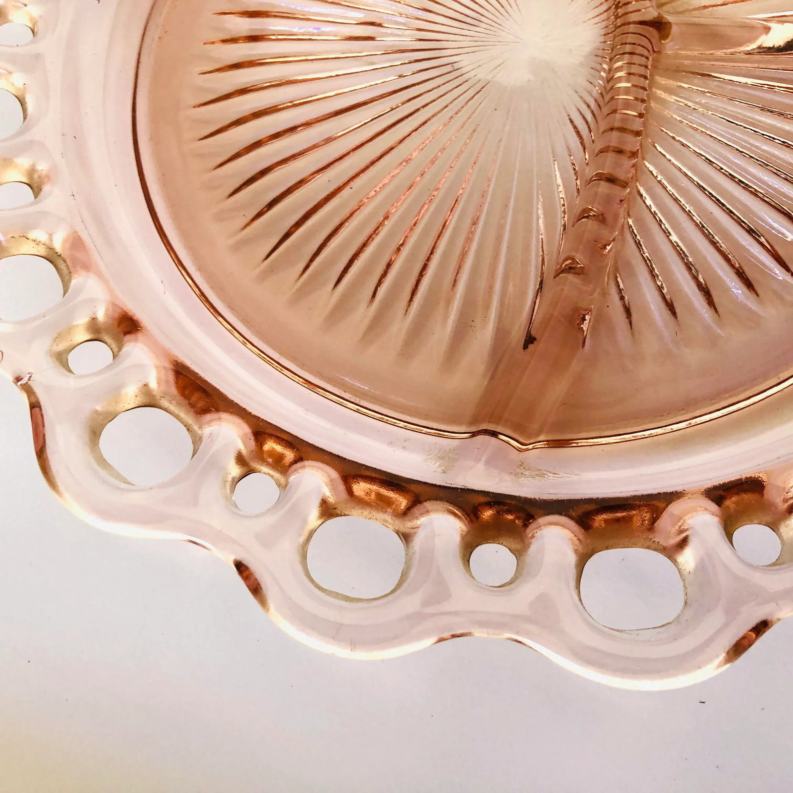 Vintage Pink Depression Glass Divided Lace Edge Plate - 3