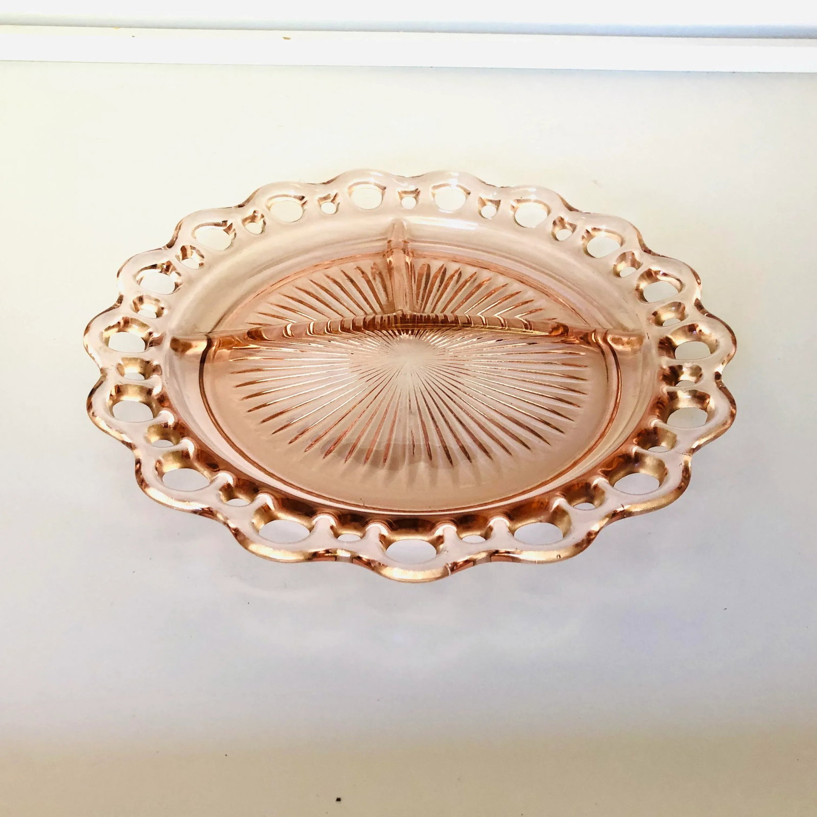 Vintage Pink Depression Glass Divided Lace Edge Plate - 4