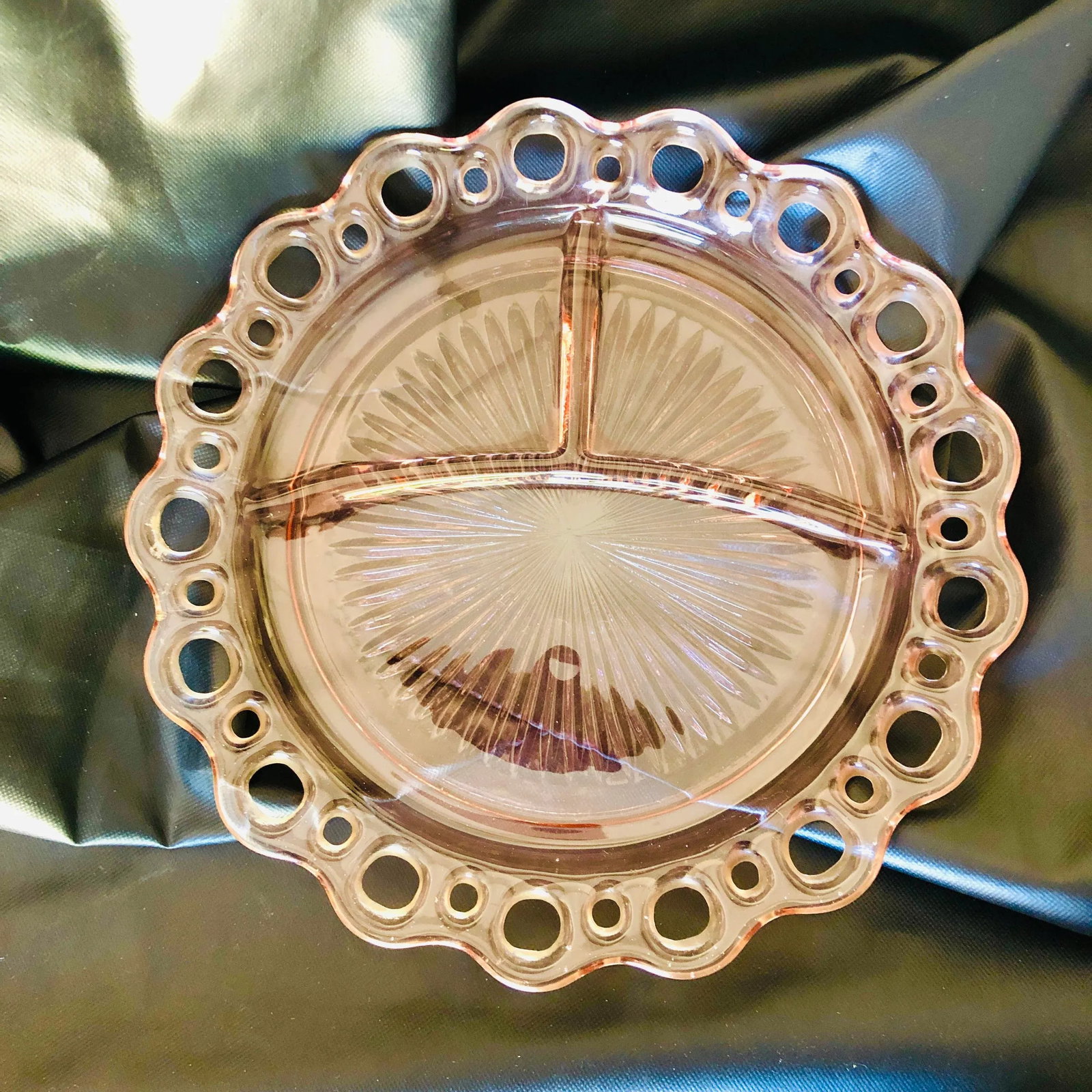Vintage Pink Depression Glass Divided Lace Edge Plate - 5