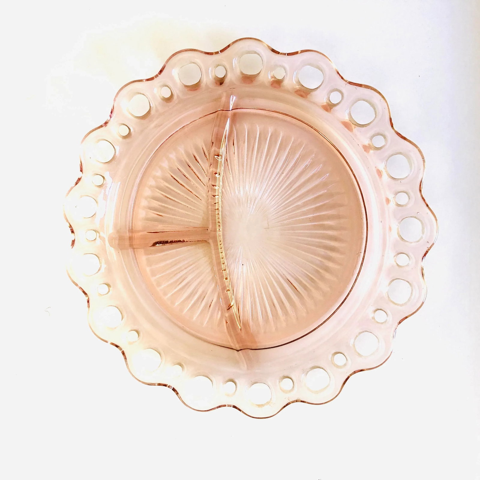 Vintage Pink Depression Glass Divided Lace Edge Plate - 6