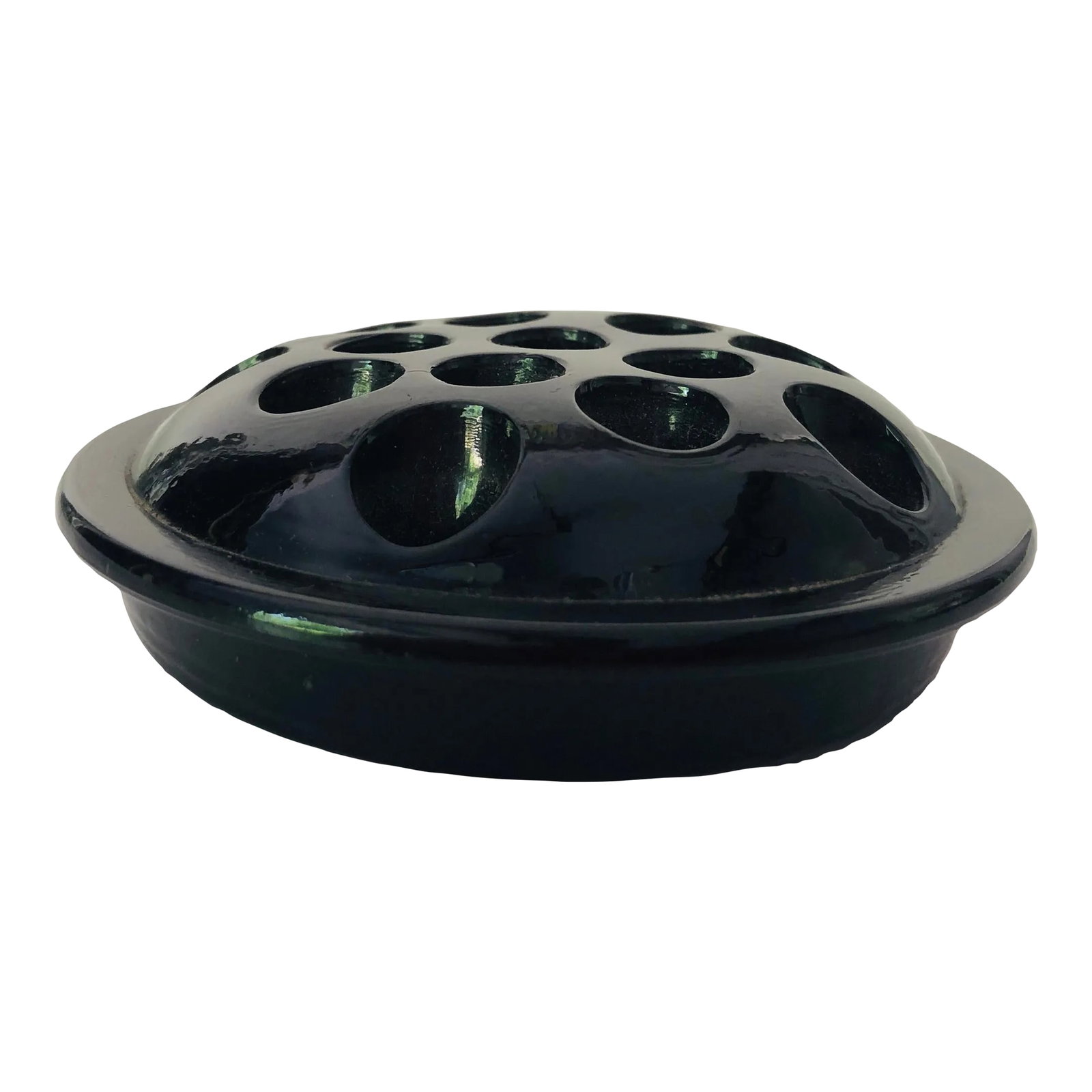Midcentury Black Amethyst Glass Flower Frog: Midcentury Black Amethyst Glass Flower Frog 4.25"D X 1.5"H , No makers mark in excellent condition. Condition: Alterations: Original Condition Unaltered Imperfections: Some Imperfections Condition