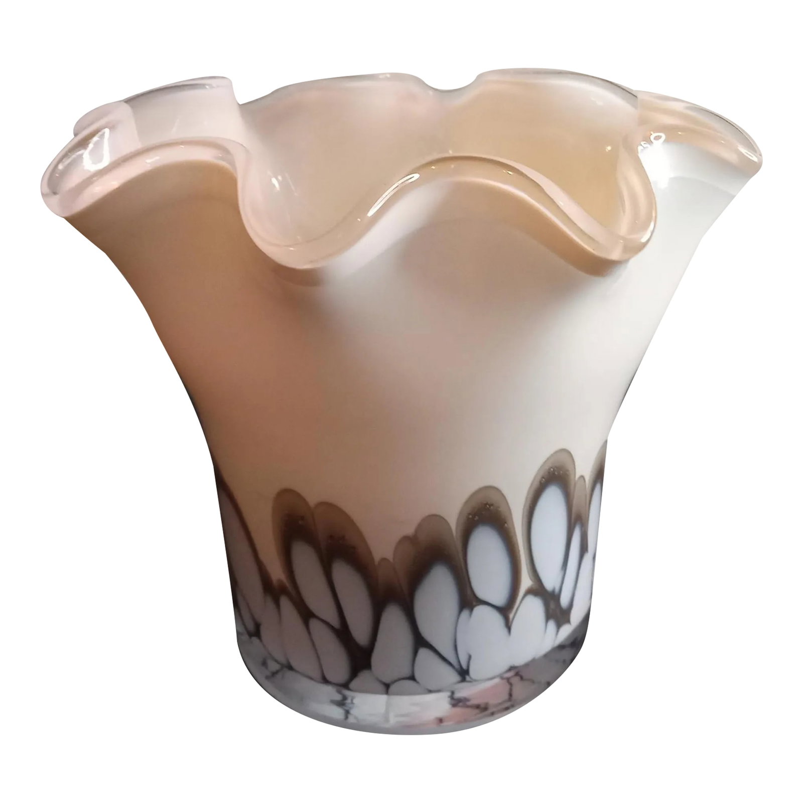 1990s Art Deco White Art Glass Vase With Ruffled Edges: This is an Art Deco White Art Glass 5" Vase with ruffled edges. Procured at auction BOX F Condition: Alterations: Original Condition Unaltered Imperfections: Some Imperfections Condition Notes: No