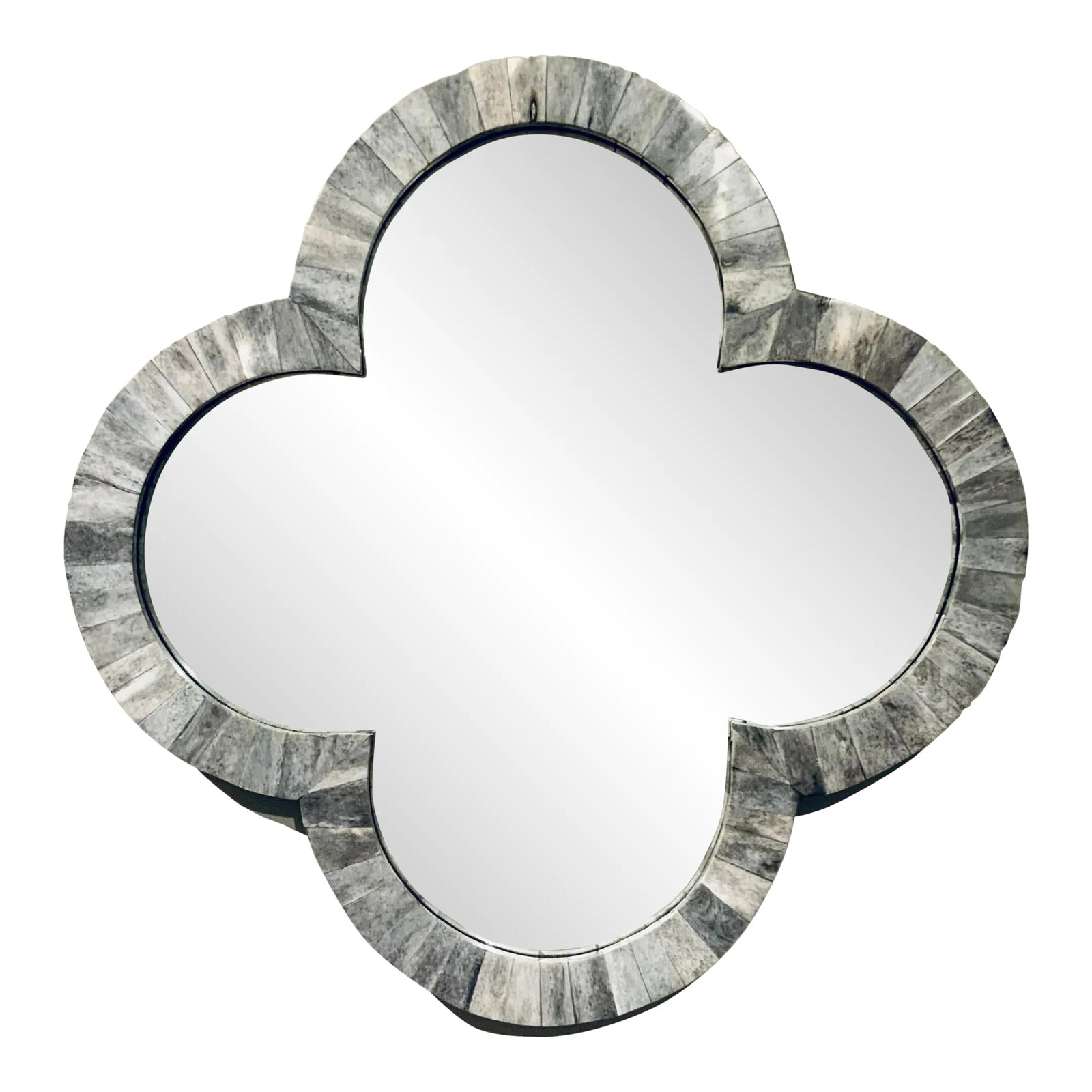 Modern Gray Faux Bone Quatrefoil Wall Mirror: Stylish Modern Gray Faux Bone Quatrefoil Wall Mirror, showroom floor sample Condition: Imperfections: Some Imperfections Condition Notes: Showroom floor sample, not brand new from a box but never