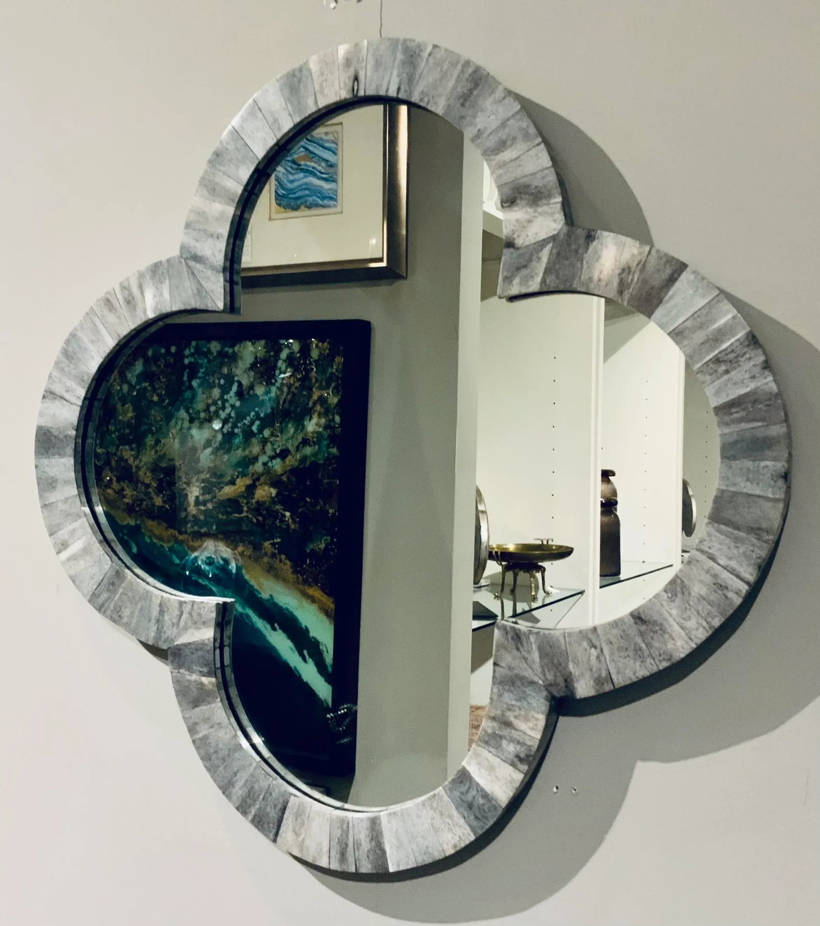 Modern Gray Faux Bone Quatrefoil Wall Mirror - 2