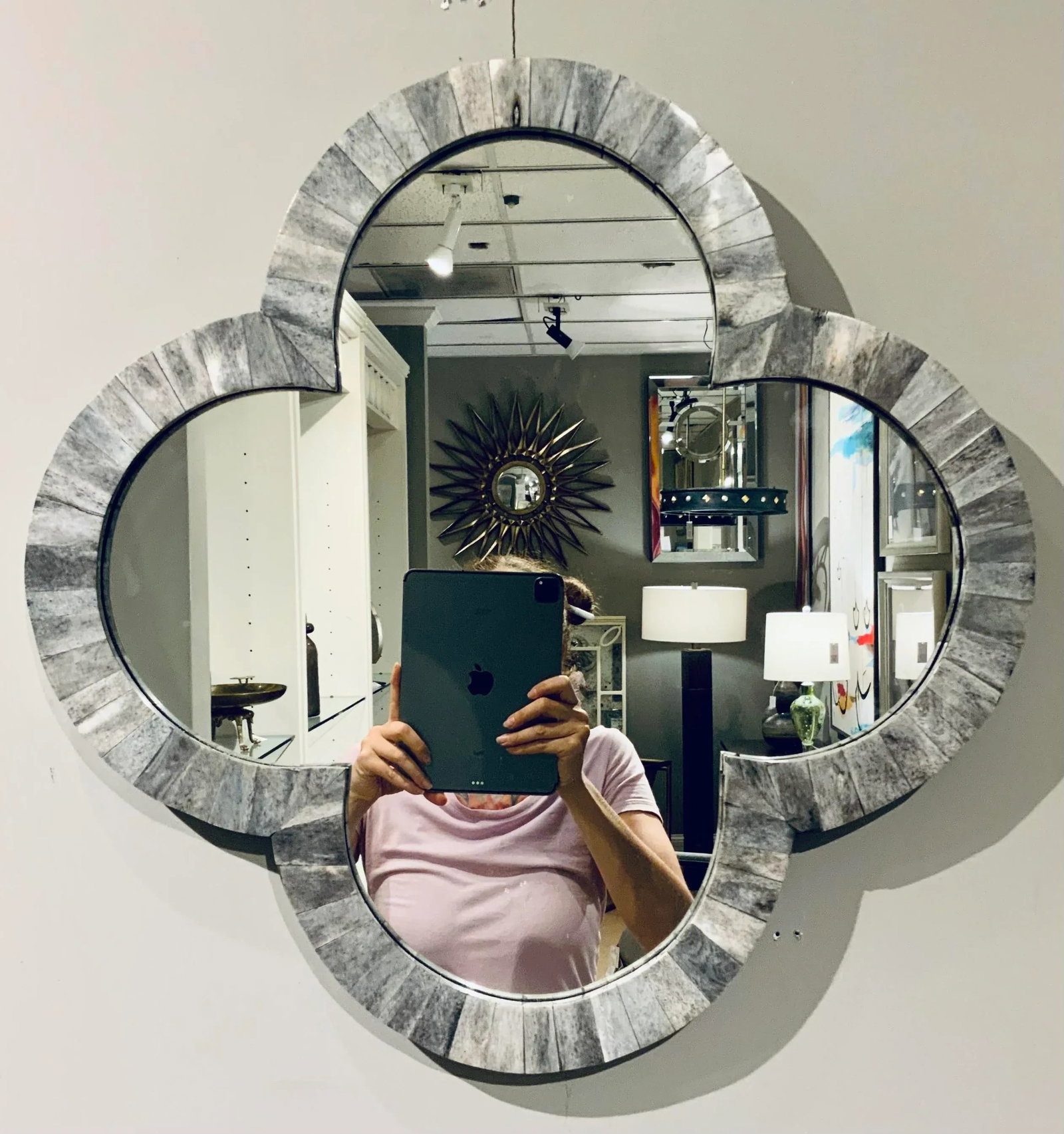 Modern Gray Faux Bone Quatrefoil Wall Mirror - 5