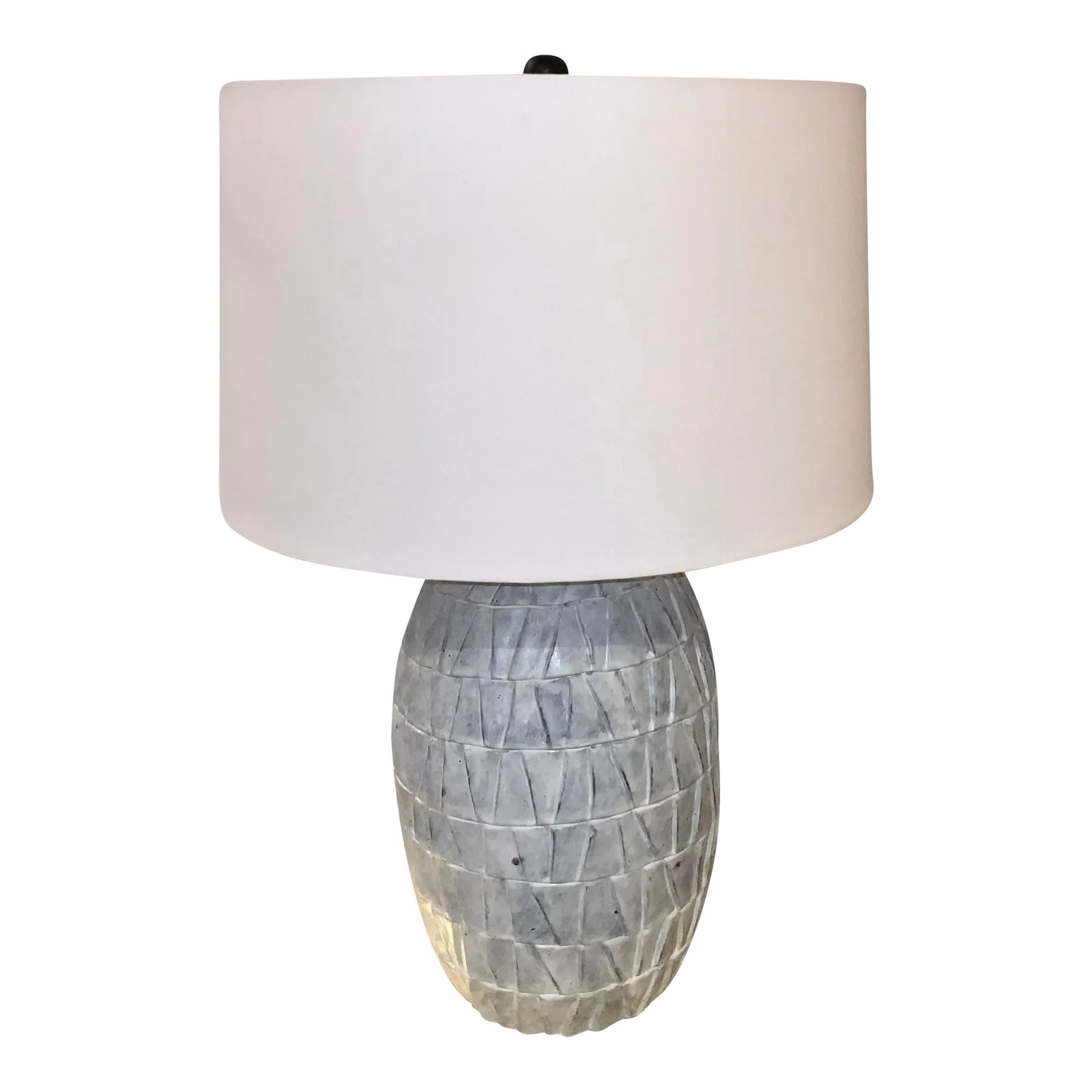 Arteriors Organic Modern Archibold Table Lamp: Original Retail $805, Stylish Arteriors Organic Modern Archibold Table Lamp, textured gray pottery body, white fabric shade, black ball finial, showroom floor sample Condition: Imperfections: Some