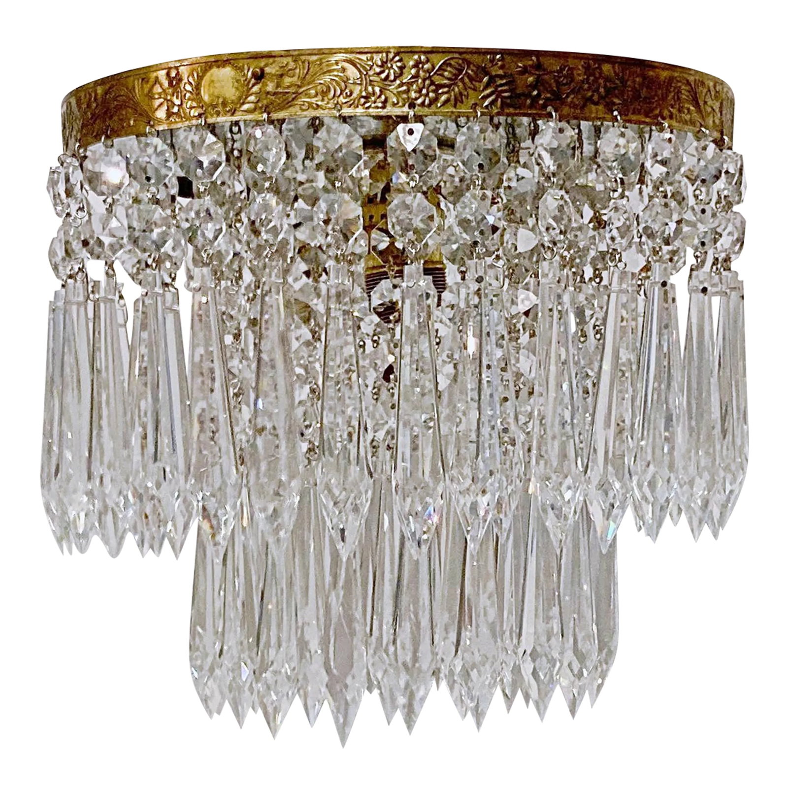 Mid-Century Italian Brass Upside Down Layered Cake Pendant: This is an Italian brass rim chandelier dressed with octagon bead and Plug cut crystals. It has 1 Edison base socket. Restored and rewired. #356 Condition: Alterations: Original Condition Unaltered Im