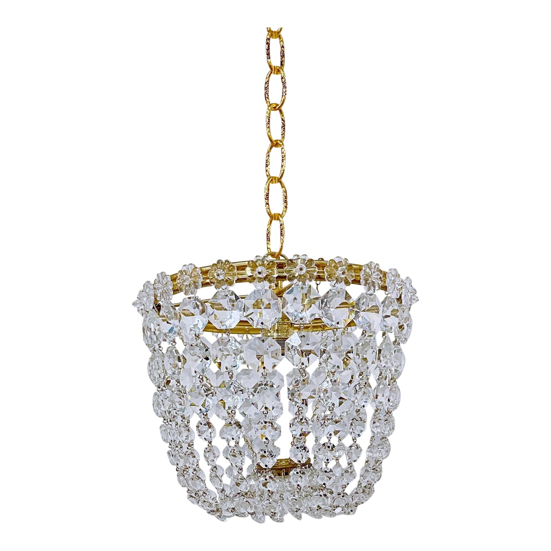 1950s Italian Brass Basket Chandelier With Rossettes: This is adorable vintage brass frame basket chandelier with graduated crystal chain and Rosettes crystals. It has one Edison based socket that has been rewired and replaced. The socket can used