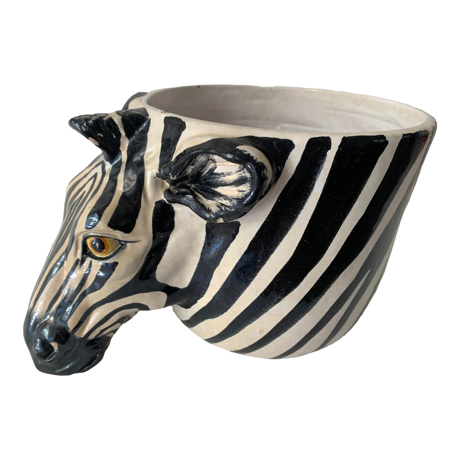 Mid 20th Century Majolica Zebra Head Planter: Italian made ceramic white and black zebra planter marked "Italy". Inside diameter 7.25" Condition: Alterations: Original Condition Unaltered Imperfections: Some Imperfections Condition Notes: A few