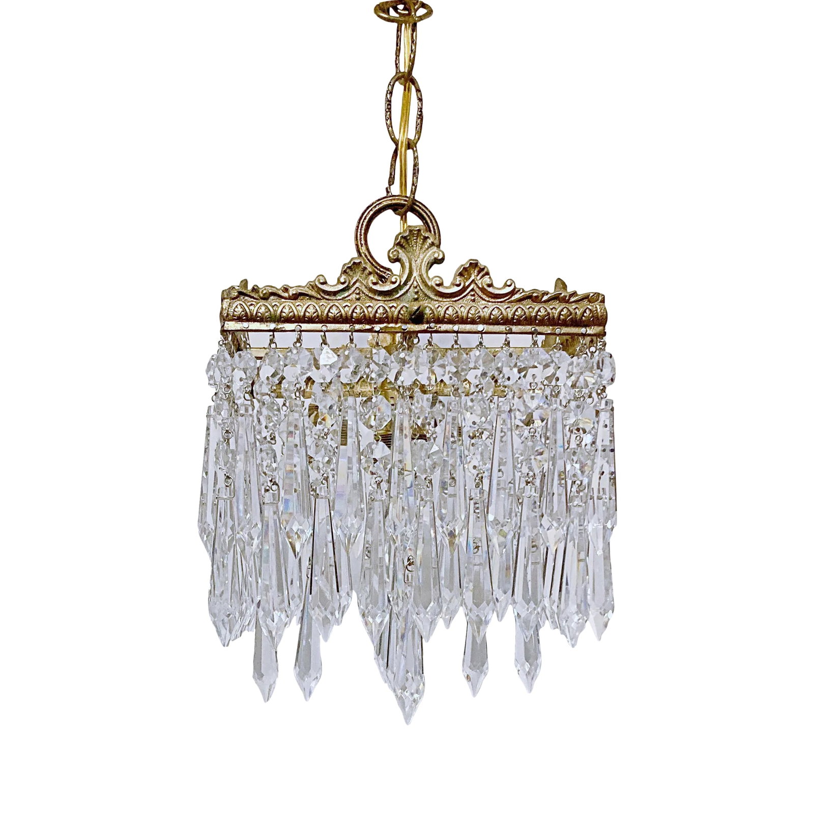 1920's Italian Brass Rim Chandelier: This is an Italian brass rim chandelier dressed with octagon bead and Plug cut crystals. It has 1 Edison base socket. Restored and rewired. #349 Condition: Alterations: Original Condition Unaltered Im