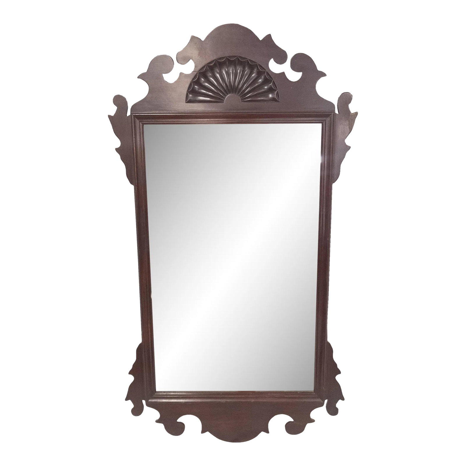 Vintage Mid 20th Century Mahogany Chippendale Style Mirror by Kaplan: Vintage reproduction Chippendale style mahogany wall mirror by Kaplan. Condition: Good with some damages, front face is in good shape. Dimensions: Height 39 Inches 99.1 cm Width 21 5/8 Inches 55.2 cm