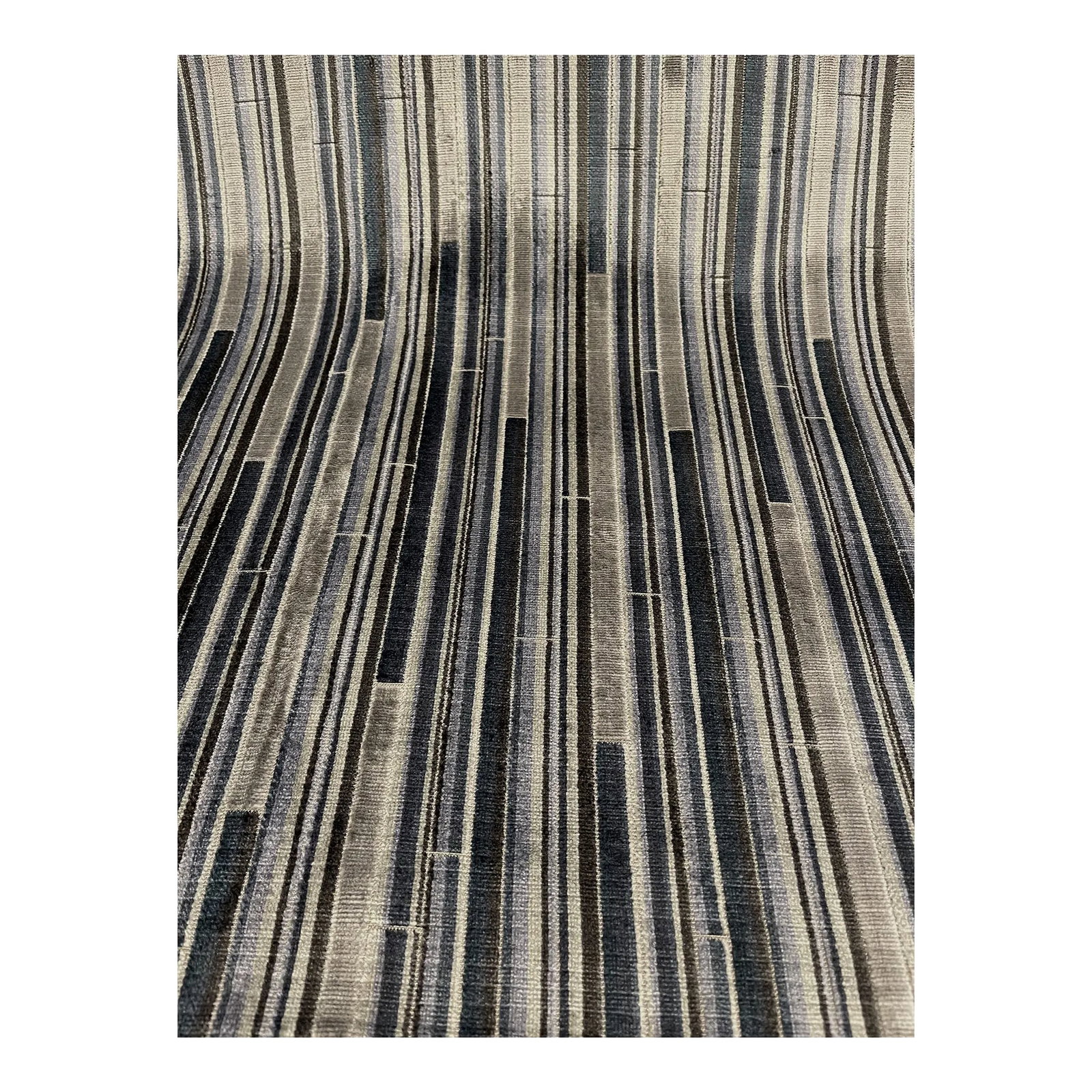 Caracole Modern Block Stripe Pattern Velvet Designer Fabric - 6123-10cc - 5 Yards: This fabric's hand is soft with a stripes pattern. The colors are taupe, lavender, navy blue, and charcoal.. It can be used for drapes, upholstery, pillows, etc. This fabric is a first quality