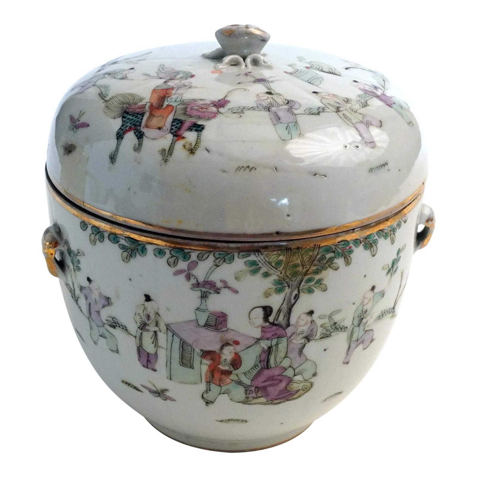 19th Century Chinese Porcelain Jar With Lid: Very nice jar with lid. Mostly white with scenes of mother with children, man and child on horse preceded by servants, Lid and bowl have a gold edge and bowl has two opposite small handles. Bowl and l