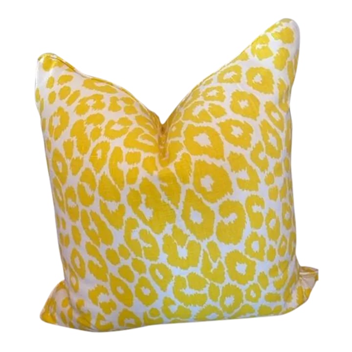 Schumacher Iconic Leopard Pillow: A Single pillow made up in Schumacher's well-known Iconic Leopard Print. Size is 20" x 20" with a self welt. Insert is Down and Feathers. Accent pillow was featured in the Palm Beach Kips Bay Show