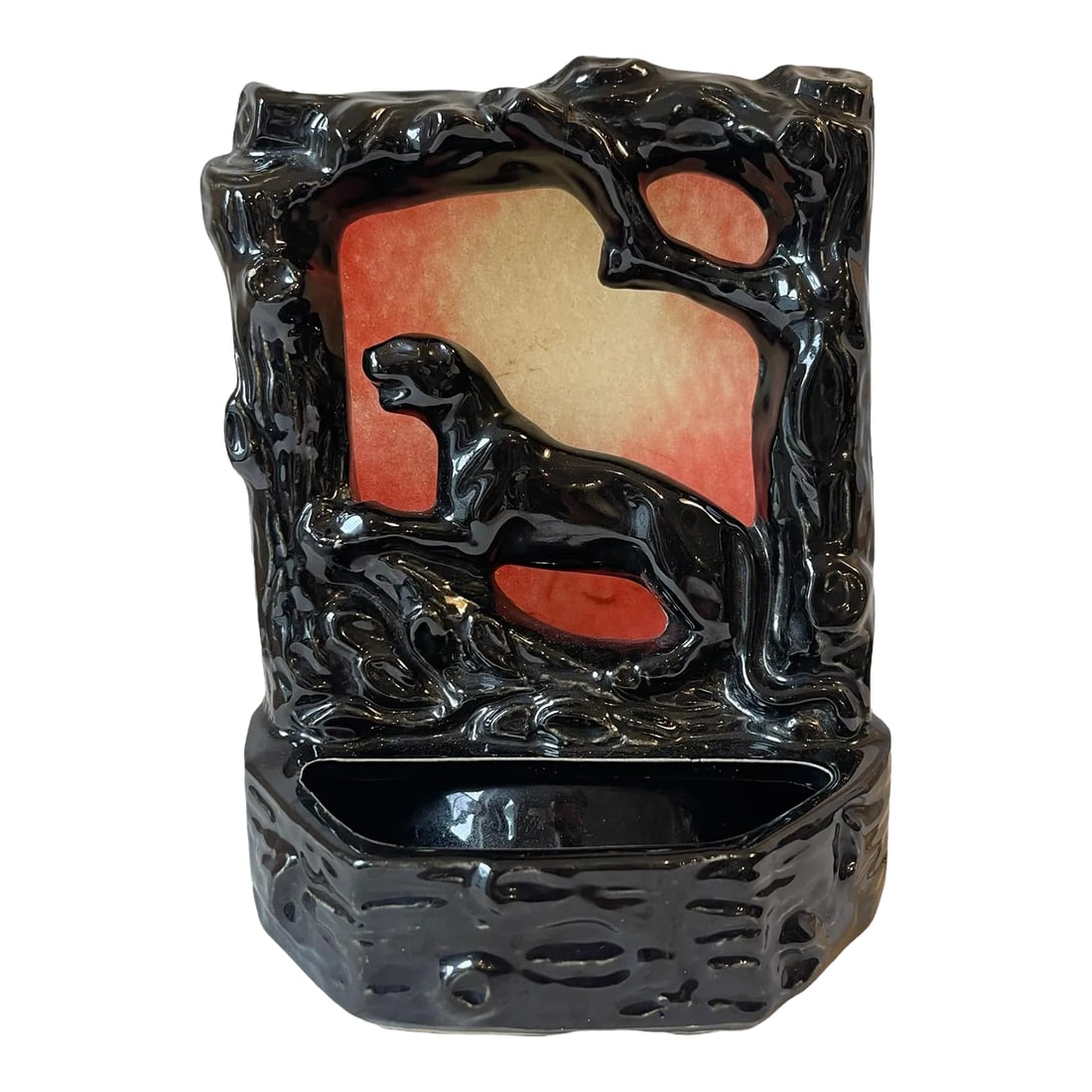 Vintage Mid-Century Ceramic Black Glaze Panther Tv Lamp: Mid Century Ceramic Black Glaze Panther Vintage Tv Lamp Ceramic lamp, with orange textile back drop Condition: Alterations: Original Condition Unaltered Imperfections: Some Imperfections Condition Not