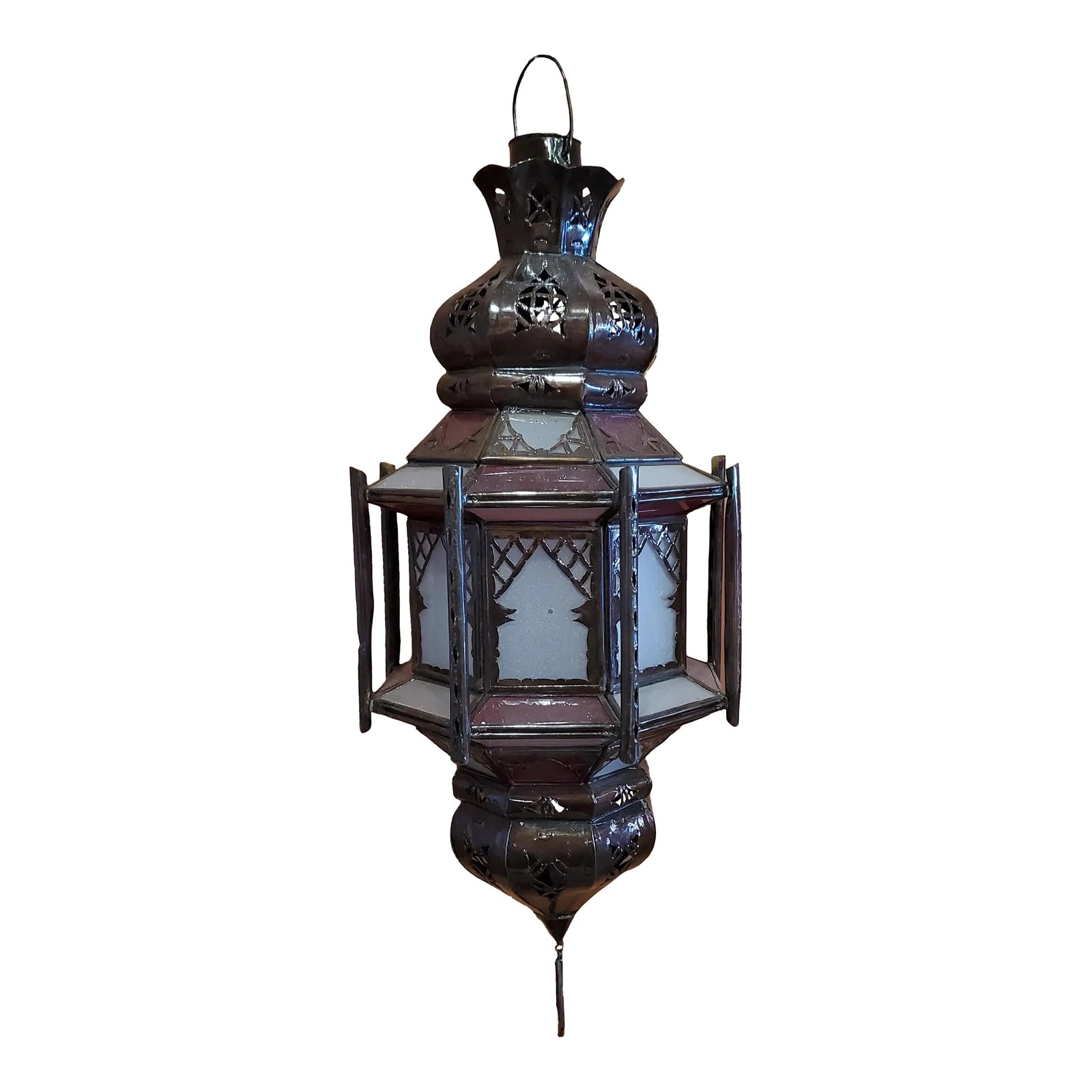 Medium Size Moroccan Frosty Glass Lantern in White / Red: Medium size Moroccan frosty glass lantern, on a copper stained frame, measuring approximately 23" in height and 7.5" in width. Such an elegant piece that casts beautiful shadows around your entire roo