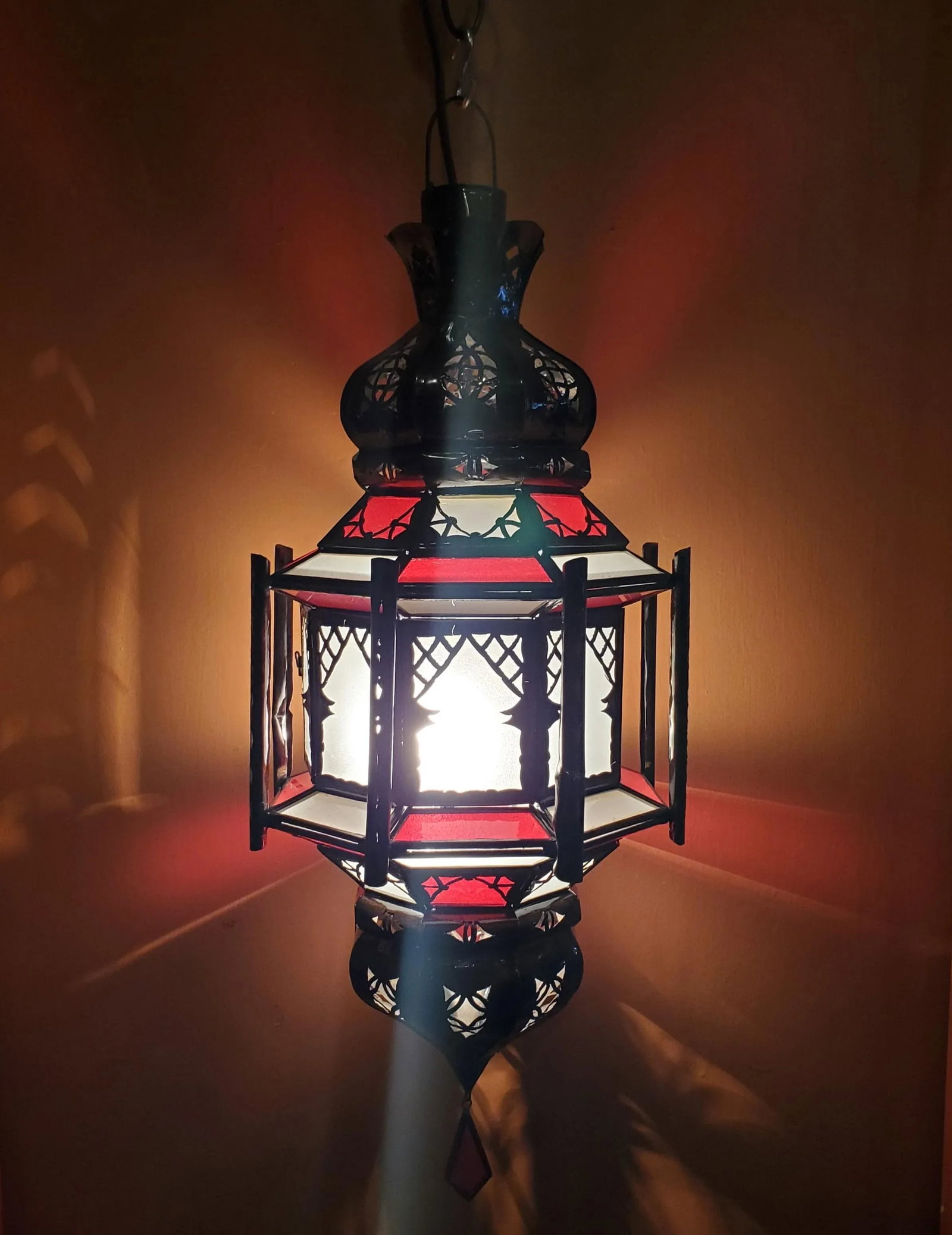 Medium Size Moroccan Frosty Glass Lantern in White / Red - 2
