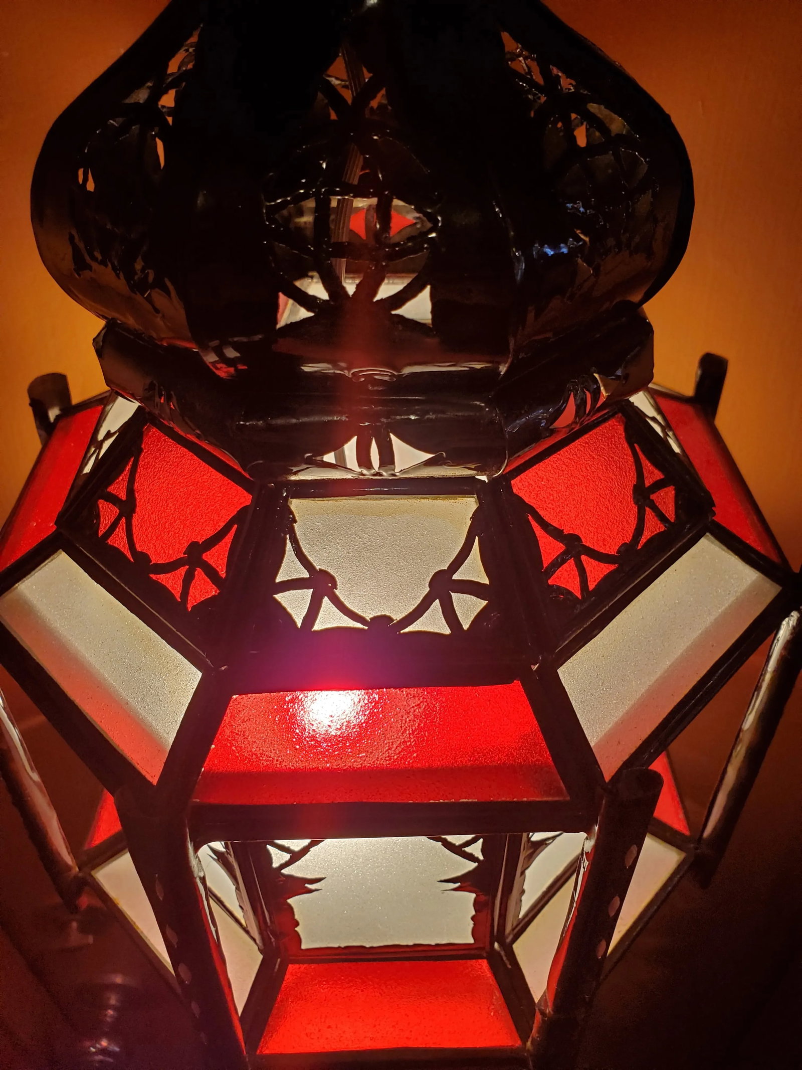 Medium Size Moroccan Frosty Glass Lantern in White / Red - 3