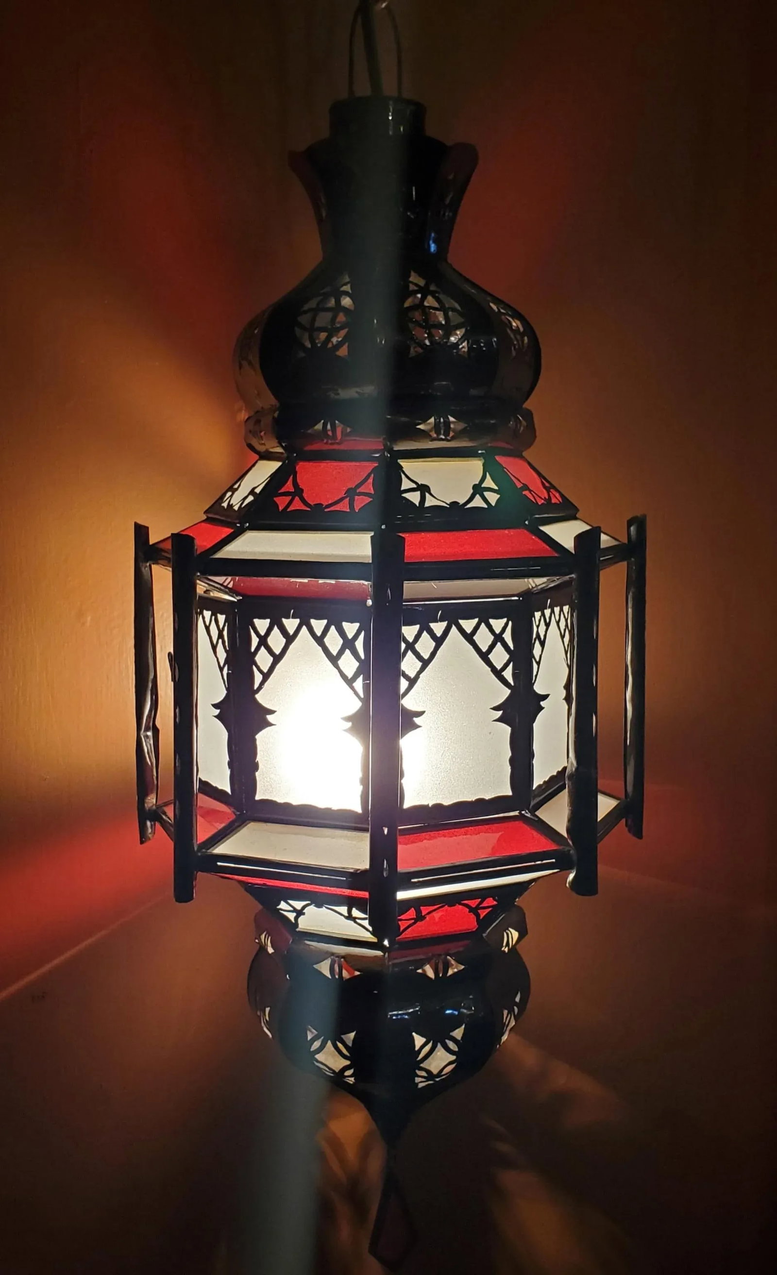 Medium Size Moroccan Frosty Glass Lantern in White / Red - 4