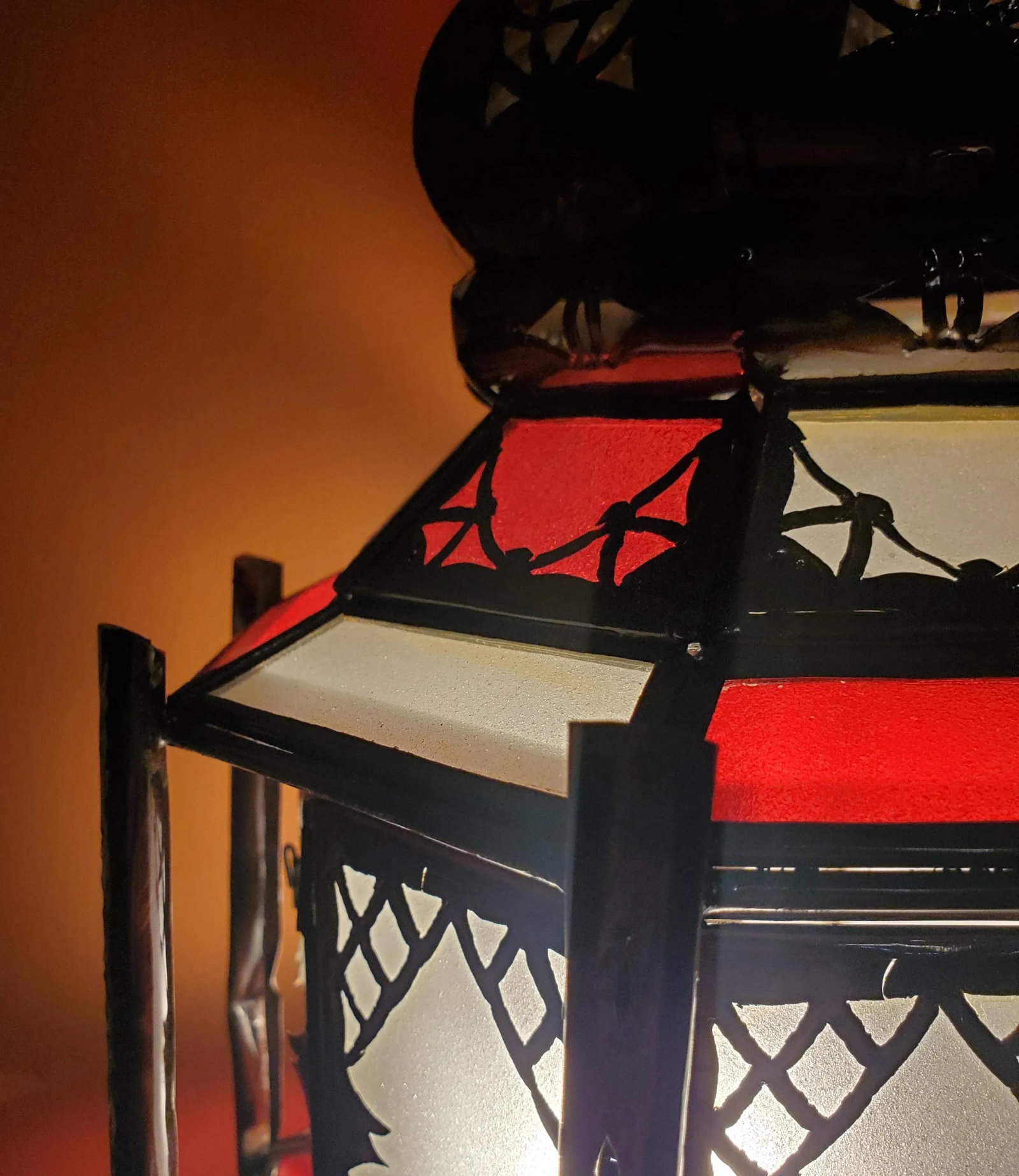 Medium Size Moroccan Frosty Glass Lantern in White / Red - 5