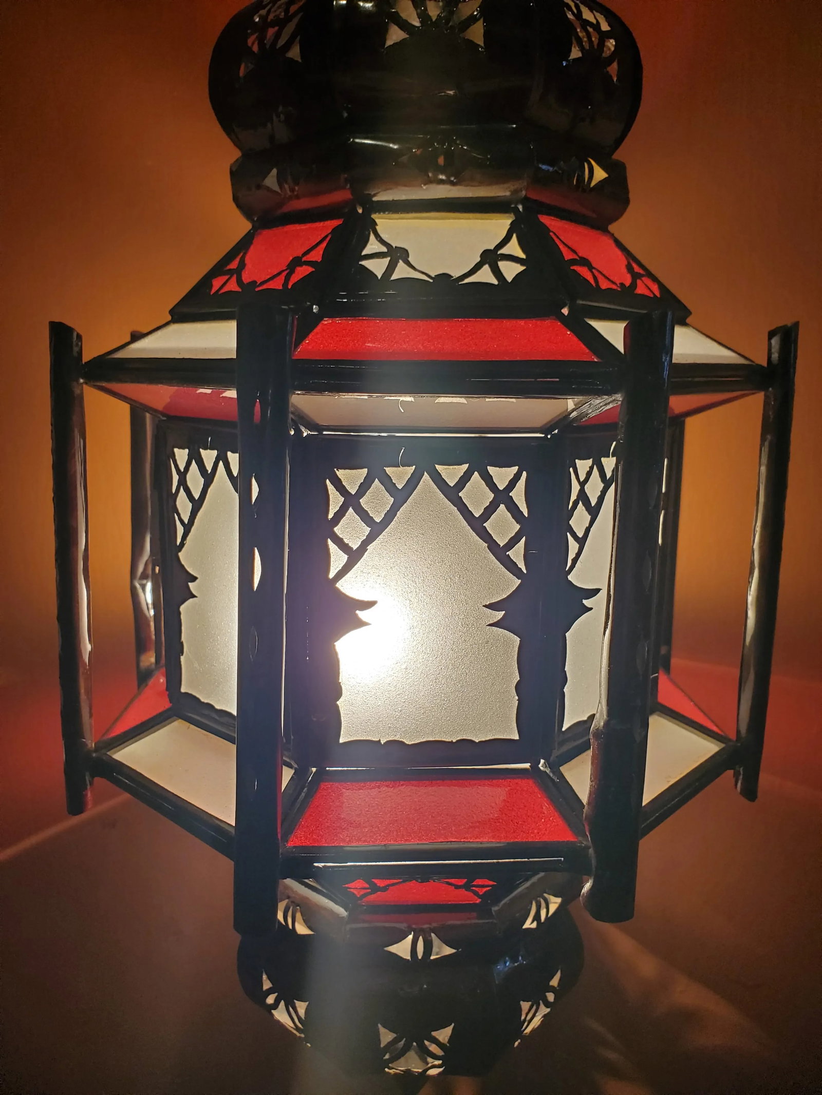 Medium Size Moroccan Frosty Glass Lantern in White / Red - 6