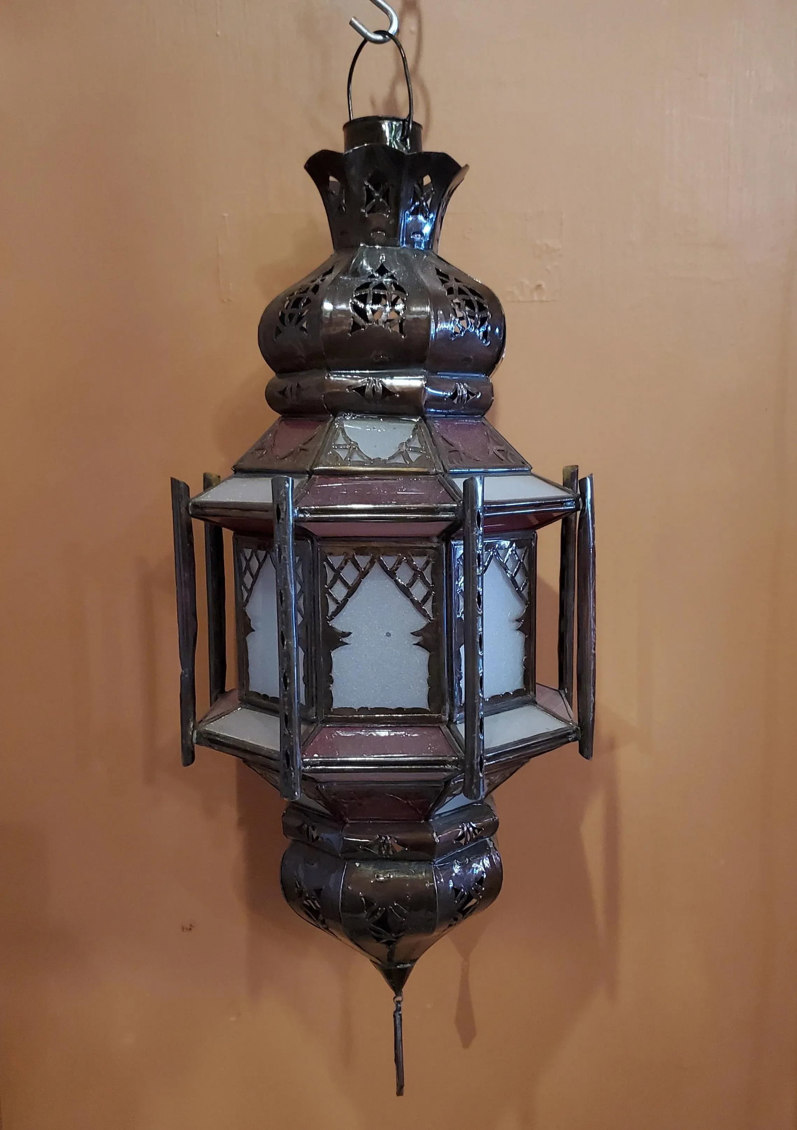 Medium Size Moroccan Frosty Glass Lantern in White / Red - 8