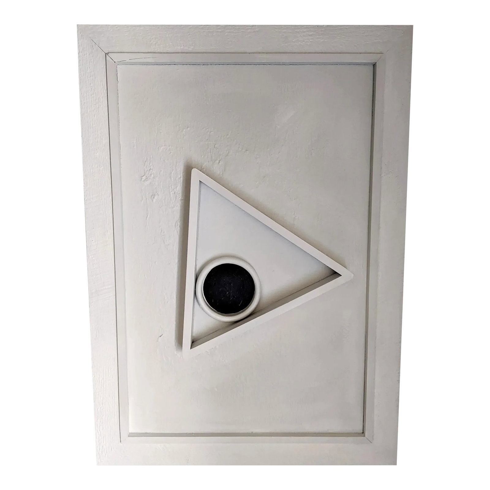 Modern Geometric Sculptural Wood Wall Art: A unique sculptural painting with wooden relief. An incredibly interesting example of geometric, modern wall art fusing paint and 3D assemblage. Framed, with hanging hardware attached on back.
