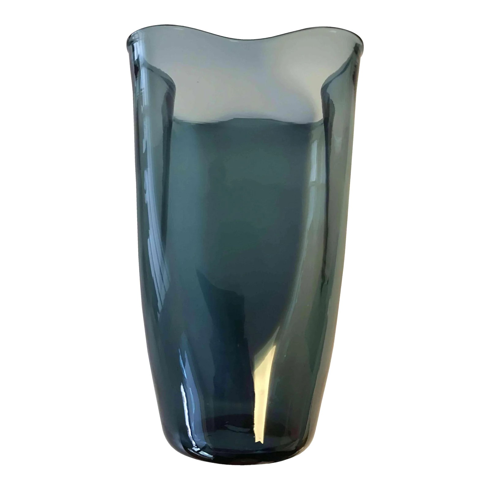 1958 Vintage Mid-Century Modern Blenko Fluted Glass Turquoise Vase #404-M by Wayne Husted: 1958 Vintage Mid-Century Modern Blenko Fluted Glass Turquoise Vase #404-M by Wayne Husted Beautiful vibrant turquoise color mouth blown Blenko glass vase by designer Wayne Husted, the #404-M fluted va