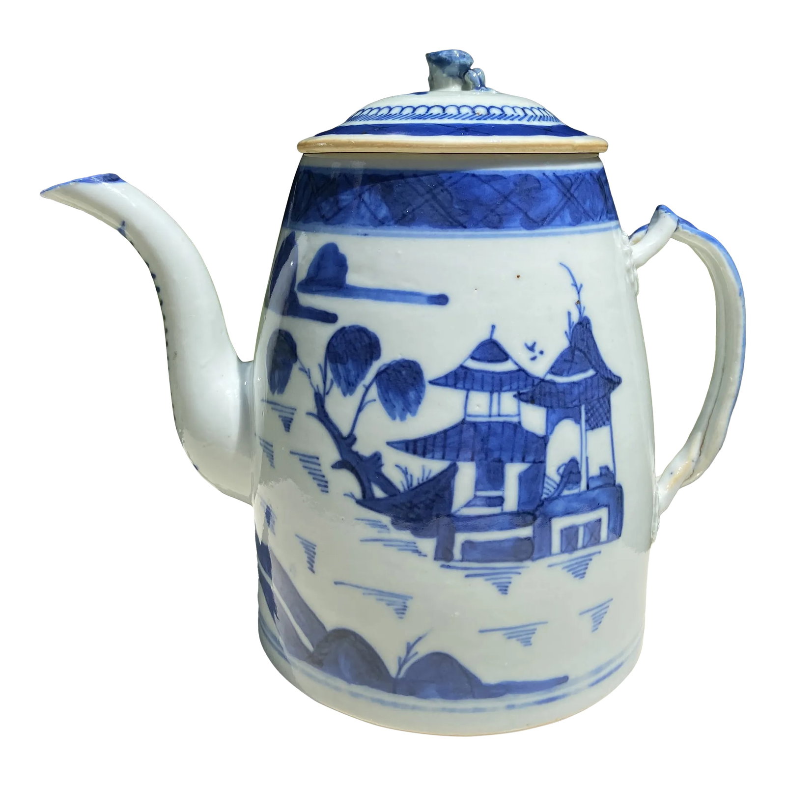 Late 19th Century Chinese Canton Tea Pot With Lid: A fine example of a late Qing dynasty Canton export porcelain coffee or tea pot. The unusual bullet shaped pot features strapped handles and a modeled pot lid handle. Traditional blue glaze