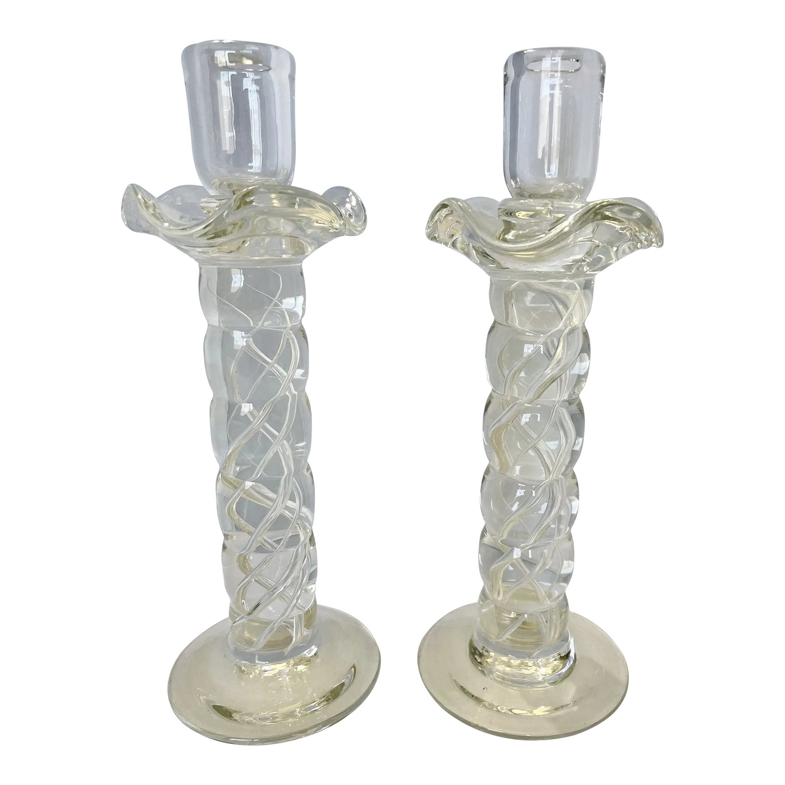 Murano Clear Crystal Glass Air Twist Stem Candlestick Holders - a Pair: Beautiful pair of 11" Murano tall Air Twist crystal candle holders have a clean look that will complement your modern (or any style) decor. Tall crystal candle holders that will make an impressive sta