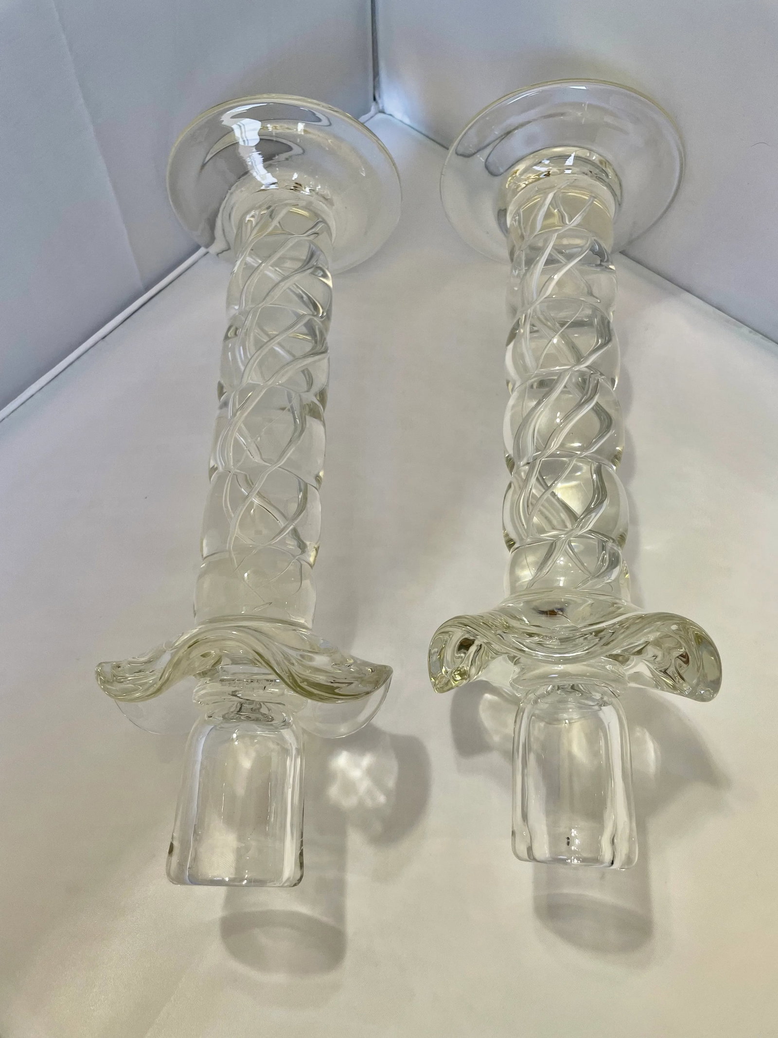 Murano Clear Crystal Glass Air Twist Stem Candlestick Holders - a Pair - 3
