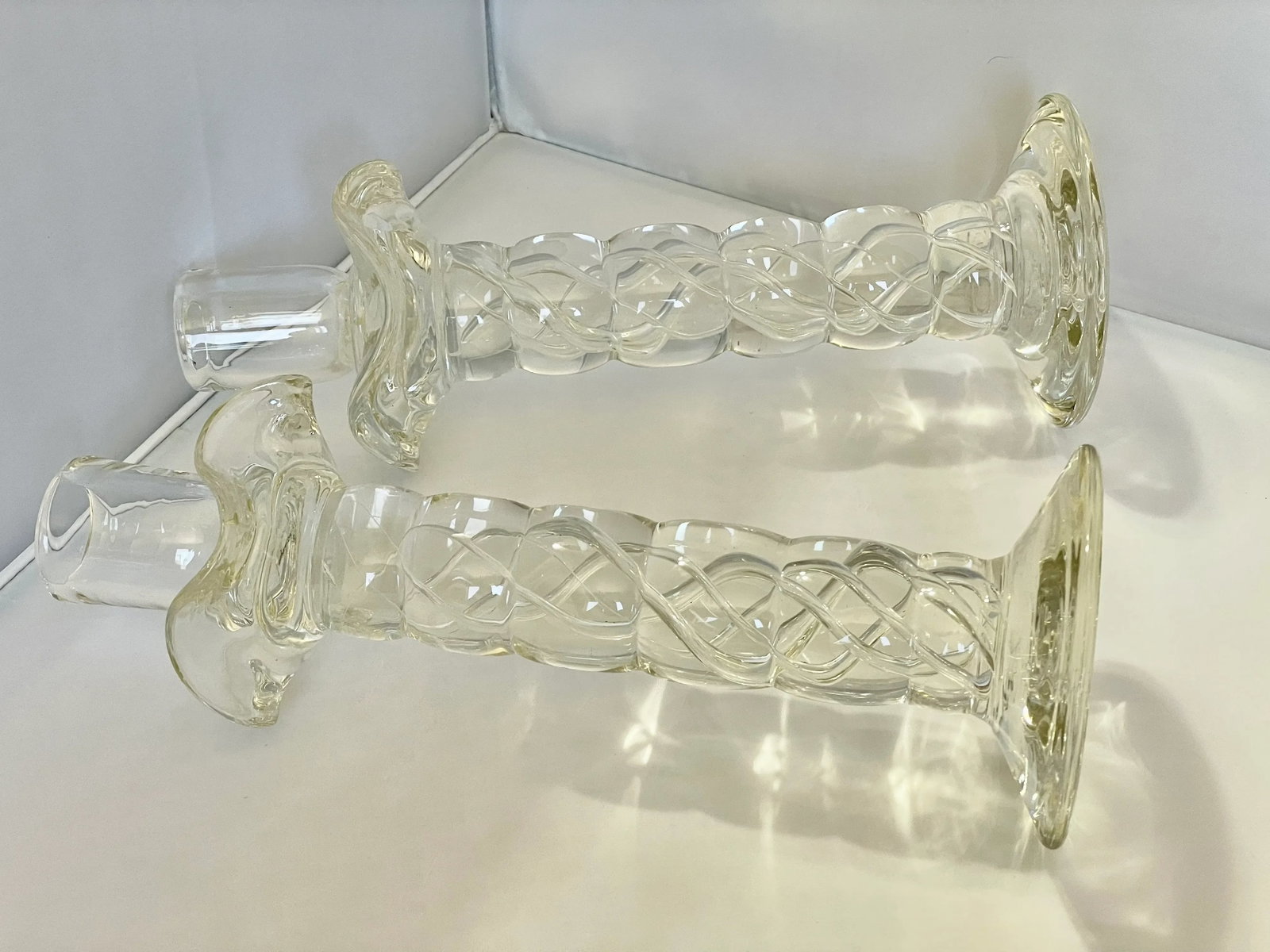 Murano Clear Crystal Glass Air Twist Stem Candlestick Holders - a Pair - 4