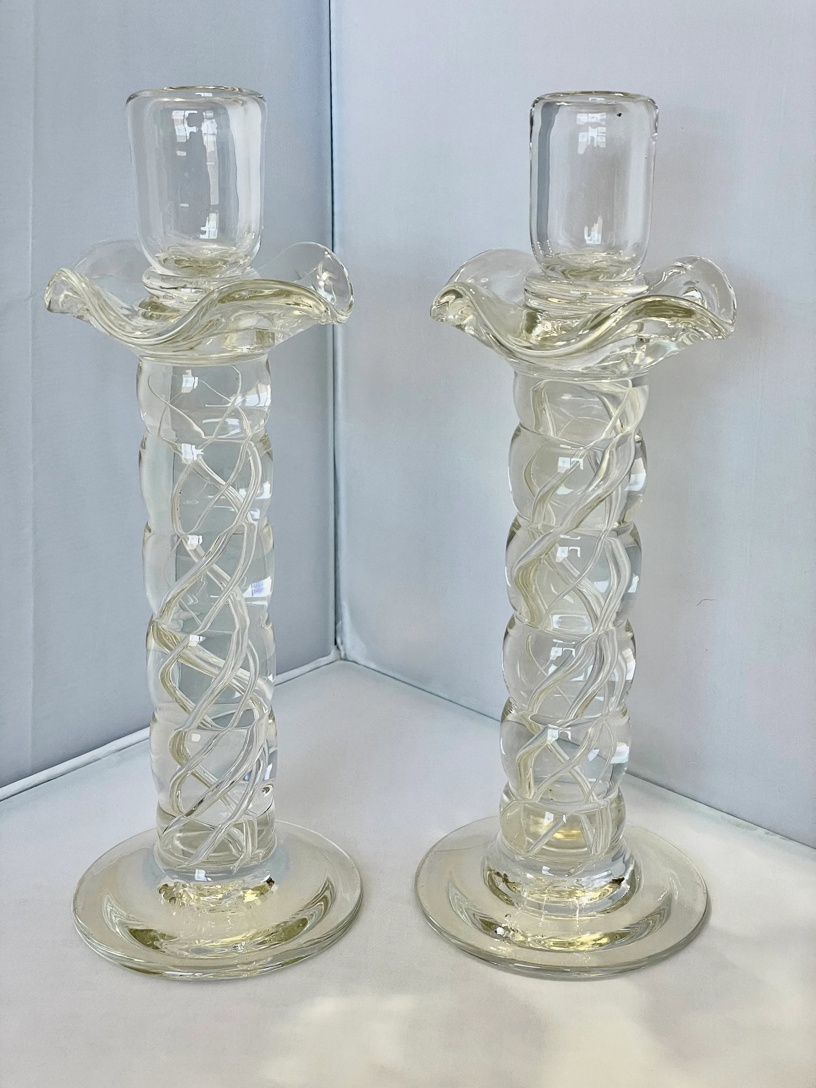 Murano Clear Crystal Glass Air Twist Stem Candlestick Holders - a Pair - 5