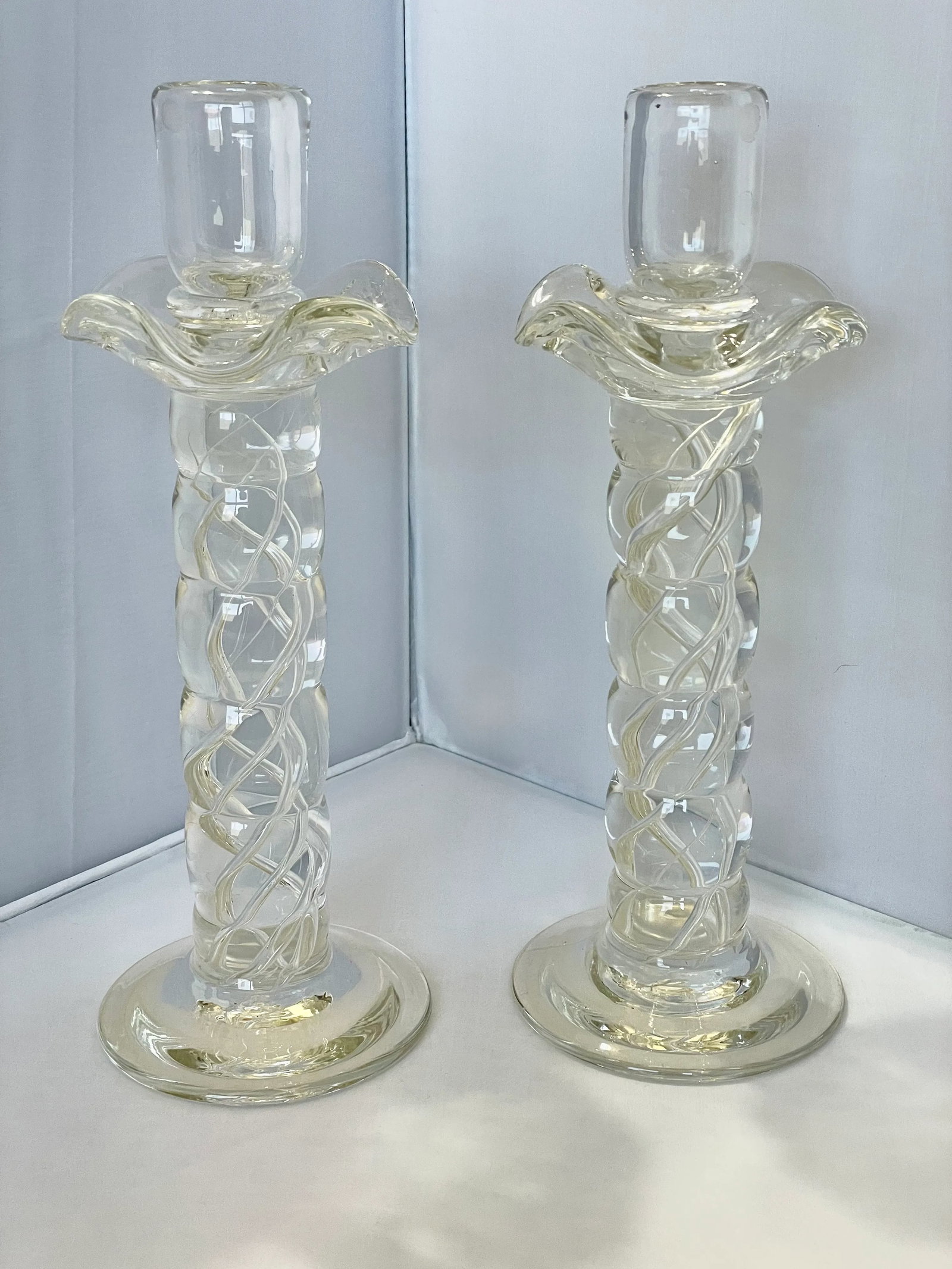 Murano Clear Crystal Glass Air Twist Stem Candlestick Holders - a Pair - 6