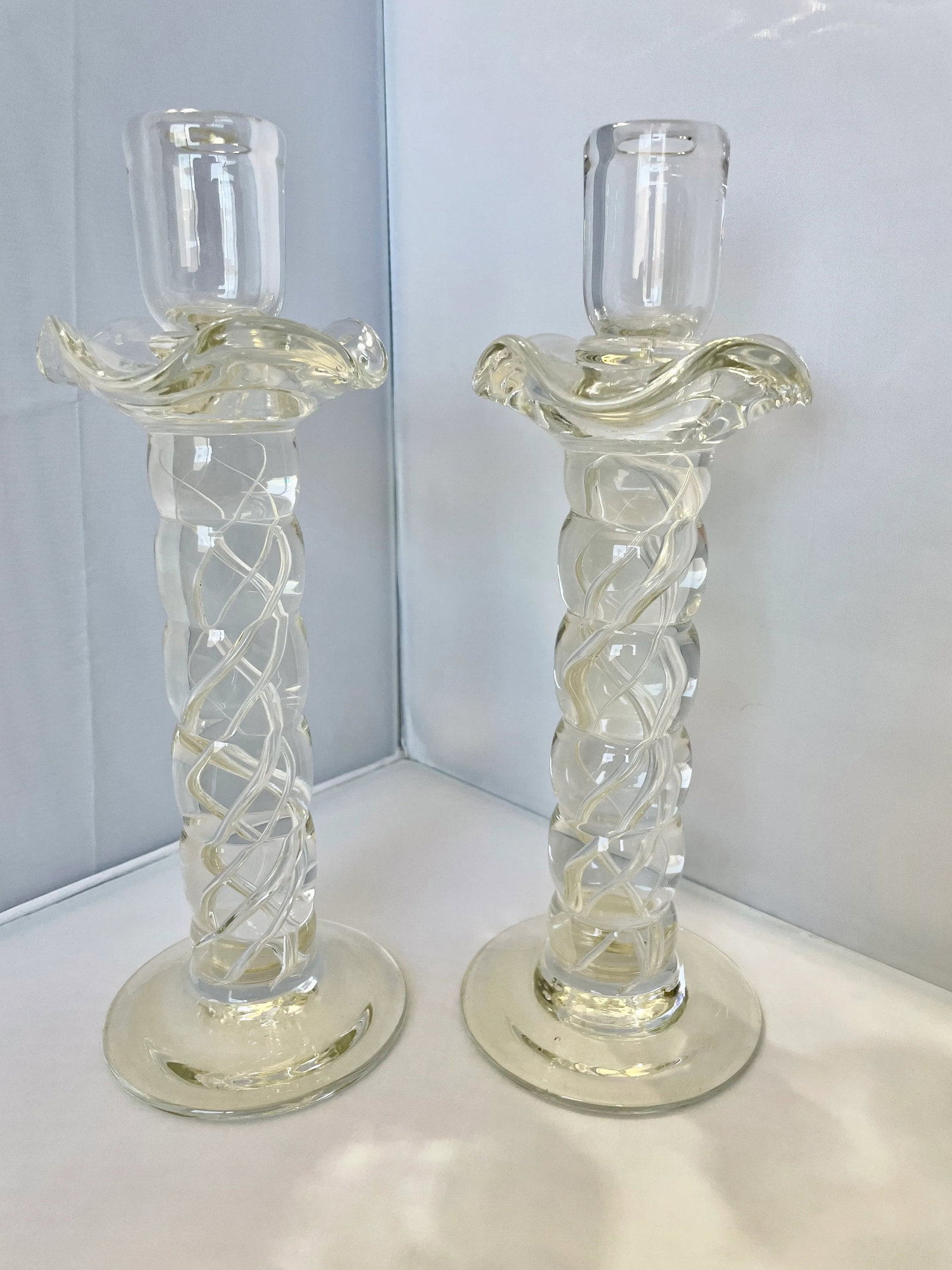 Murano Clear Crystal Glass Air Twist Stem Candlestick Holders - a Pair - 8