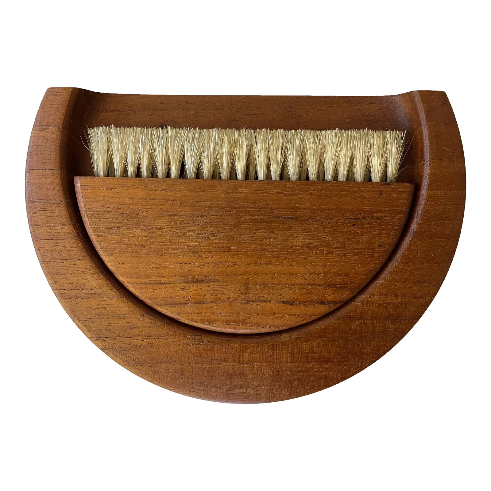 1950s Kay Bojesen Teak Crumb Tray & Brush Set- 2 Pieces: Kay Bojesen table crumb tray with companion brush. Clever nesting design. This one is teak and is made in Denmark. Condition: Alterations: Original Condition Unaltered Imperfections: Some
