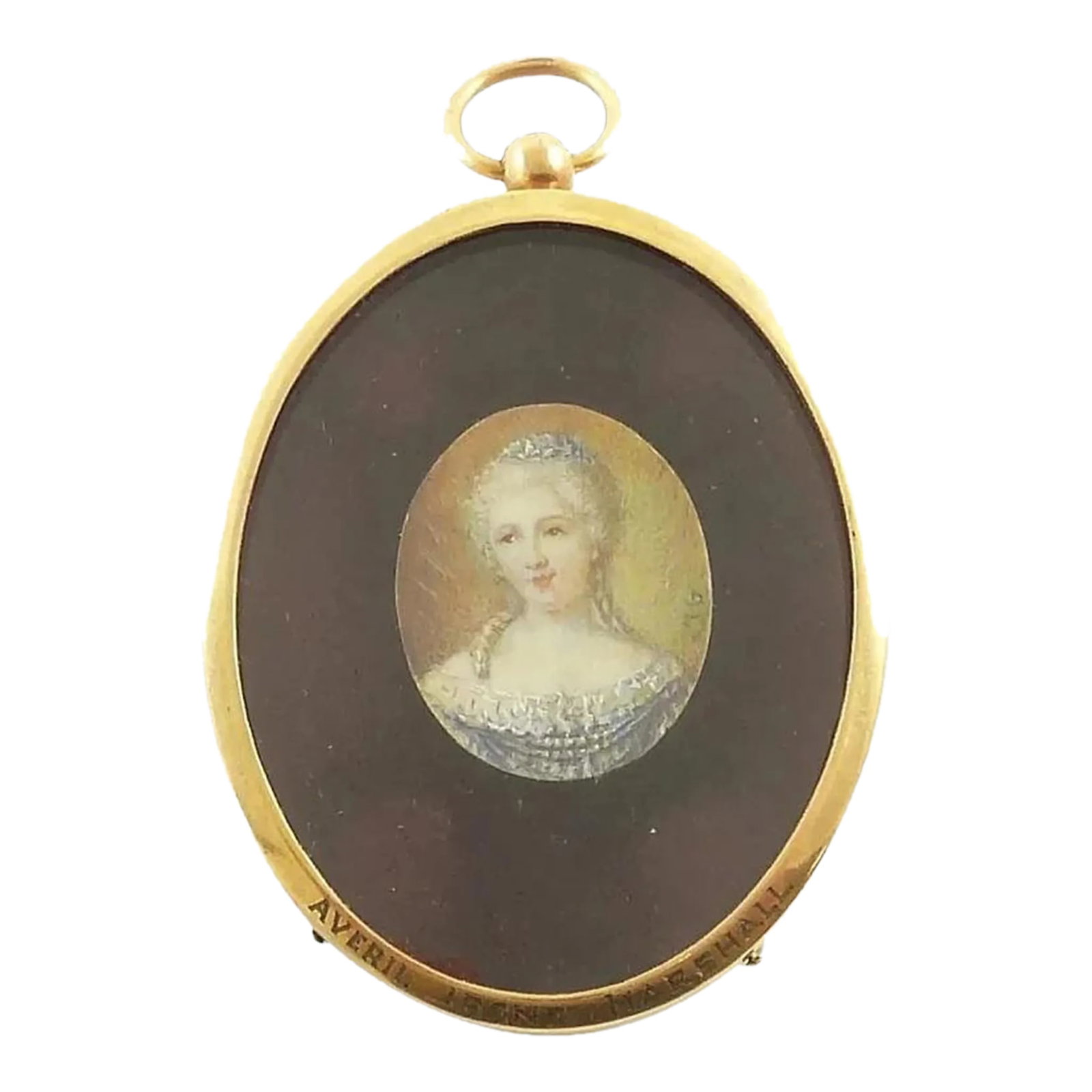Antique French Miniature Portrait of a Lady, 19th Century, Oval Gilt Frame: An antique French 19th Century miniature portrait of a lady. The watercolor is hand painted and signed "M.G. Enclosed in a gilt metal oval pendant style frame. The artist has captured her delicate
